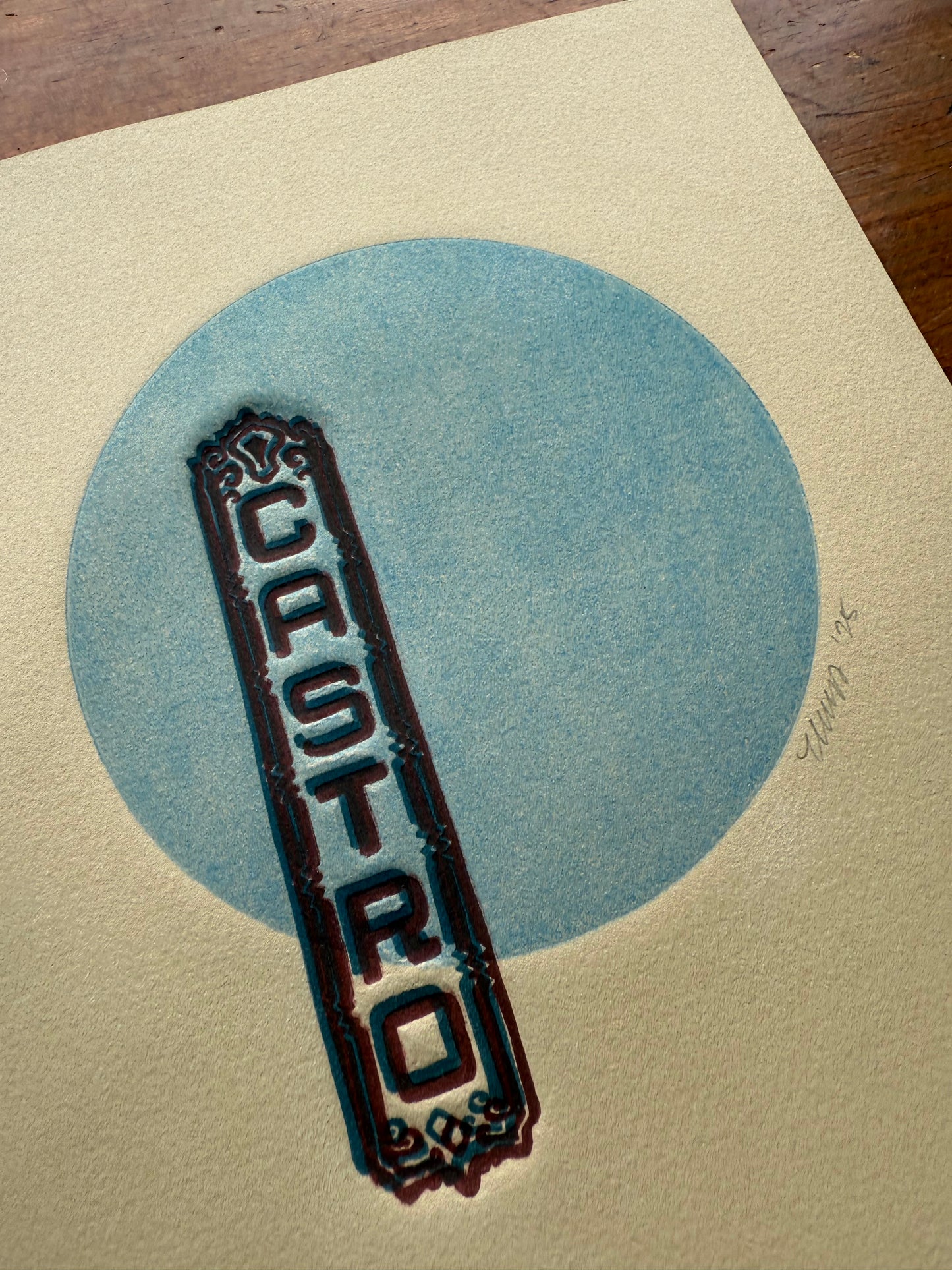 Maroon/Blue Castro. Blue Circle. 8x10 Art in 11x14 Mat.