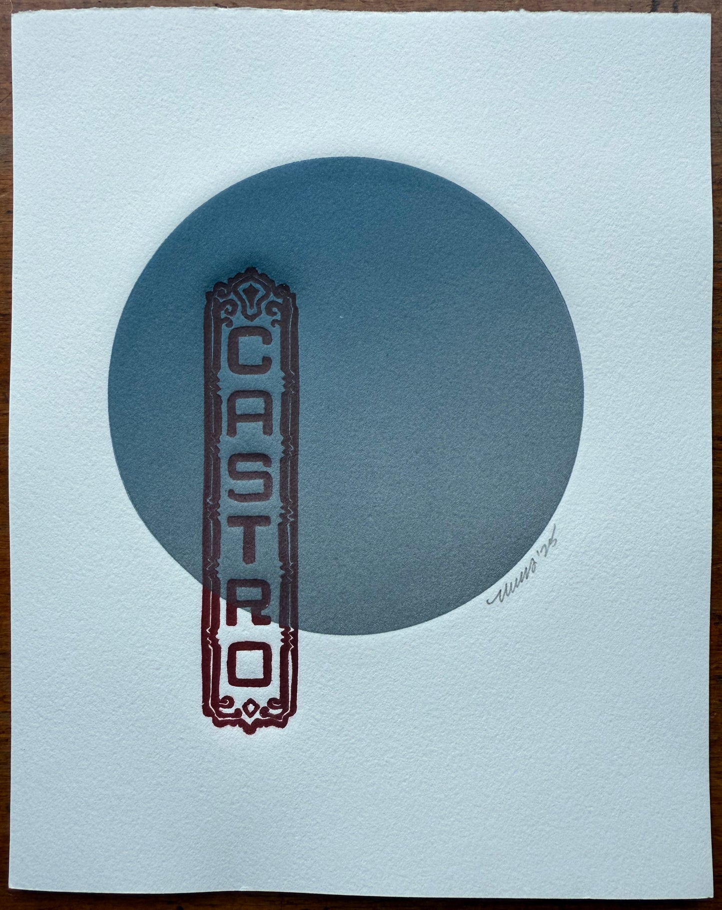 Red Castro Sign. Silver/Blue Circle. 8x10 Art in 11x14 Mat.