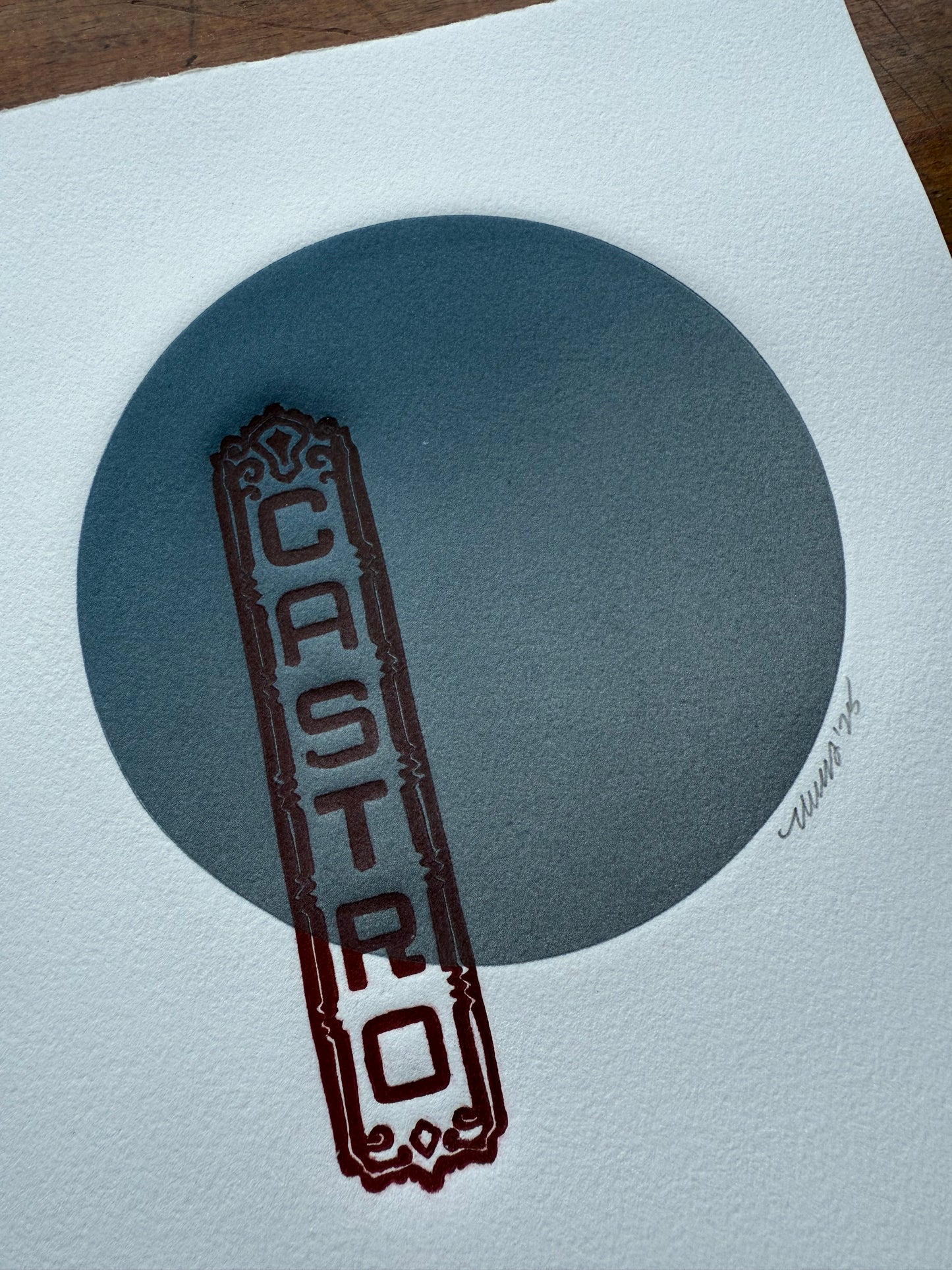 Red Castro Sign. Silver/Blue Circle. 8x10 Art in 11x14 Mat.