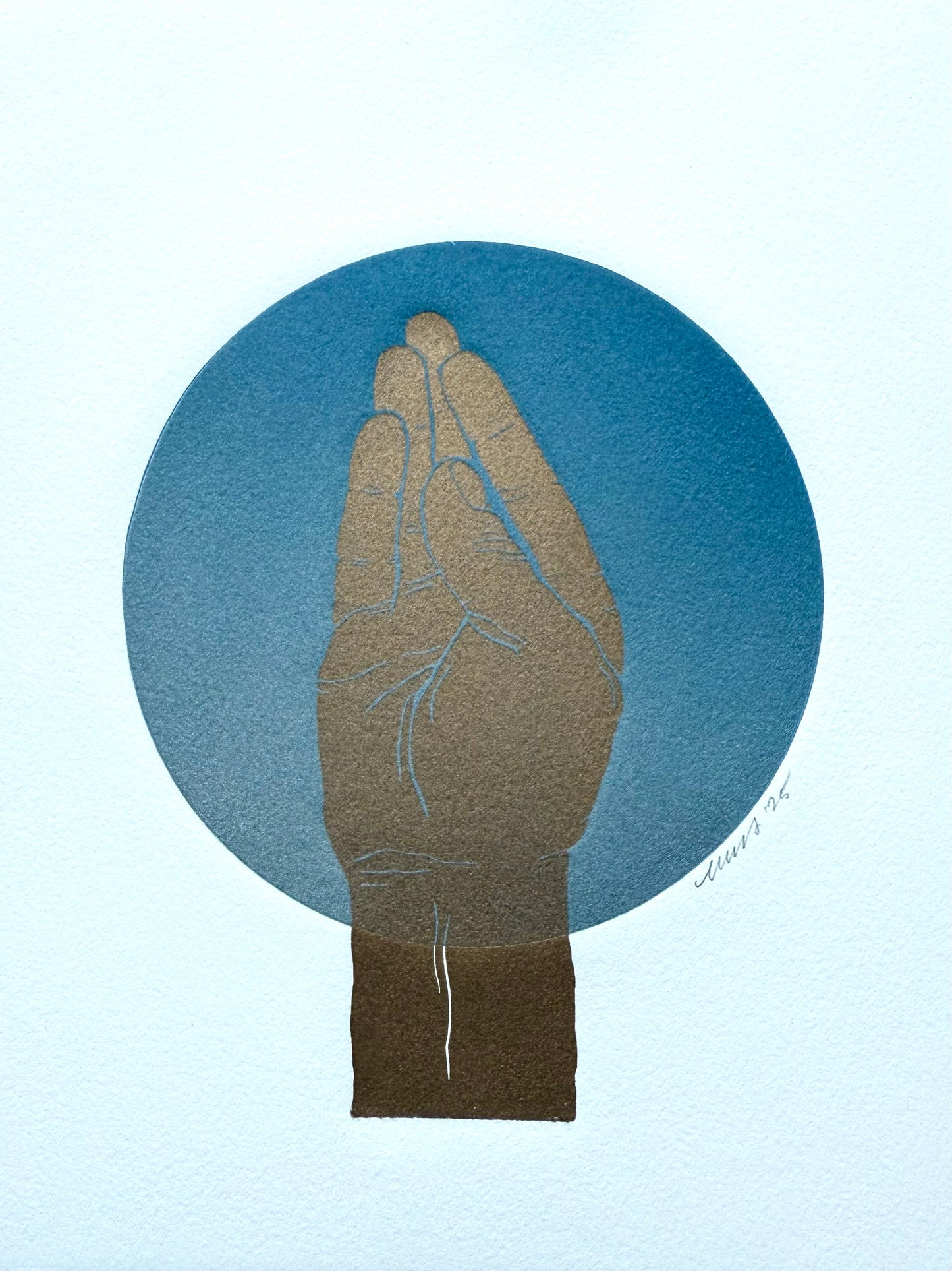Gold “Queen’s Wave”. Blue/Silver Circle. 8x10 Art in 11x14 Mat.