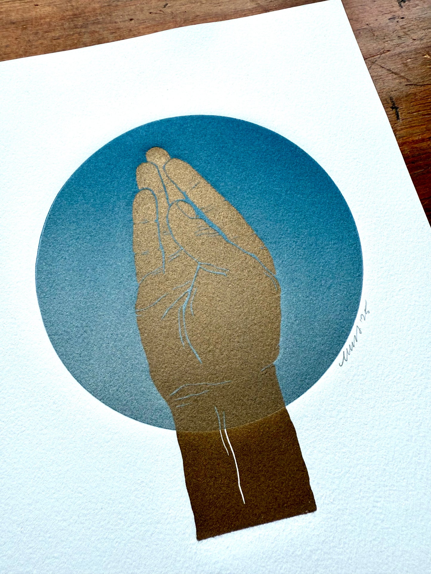 Gold “Queen’s Wave”. Blue/Silver Circle. 8x10 Art in 11x14 Mat.