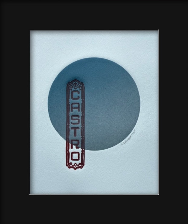 Red Castro Sign. Silver/Blue Circle. 8x10 Art in 11x14 Mat.