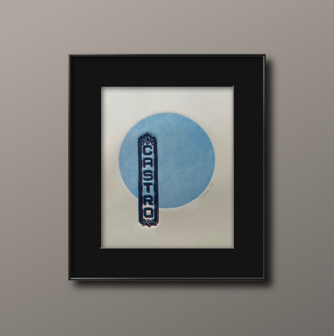 Maroon/Blue Castro. Blue Circle. 8x10 Art in 11x14 Mat.