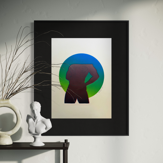 "BDE”. Dark Red Figure. Blue/Green Circle. 11x15 Art. Unmatted