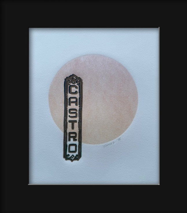 Gold/Teal Castro Sign. Orange/Red Circle. 8x10 Art in 11x14 Mat.