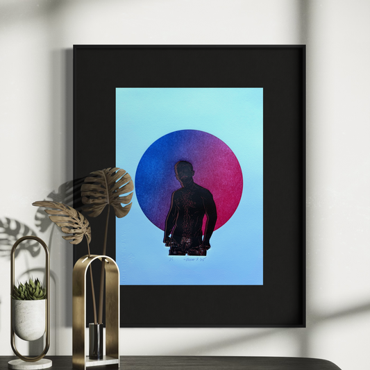 “Daddy’s Home”. Blue-Red Ombre Circle. 11x15 Art. Unmatted.