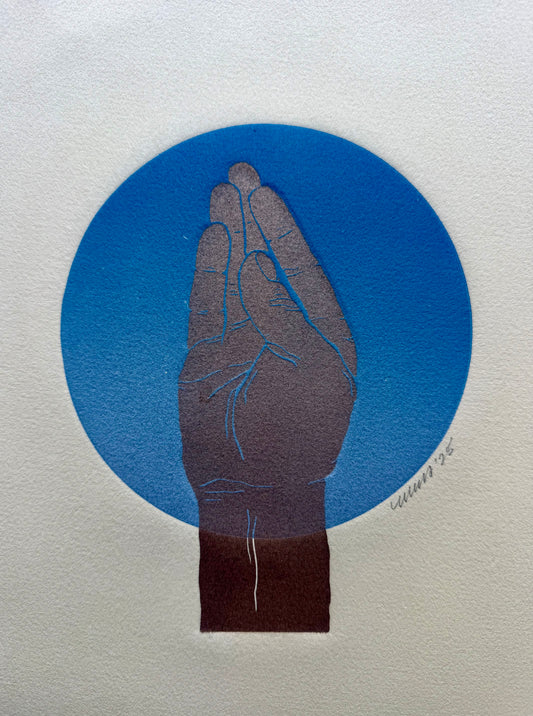 “Queens Wave”. Blue Circle. Gold Fist. 8x10 Art. Unmatted. Tan Paper.