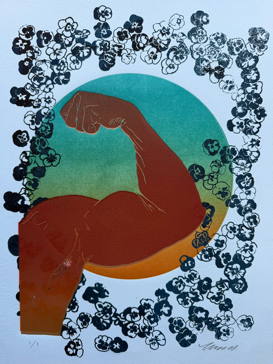 “Flex & Florals”. 11x15 Art. Blue Paper. Unmatted.
