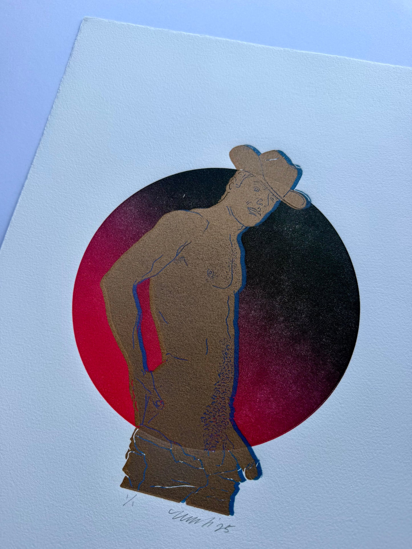 Gold Cowboy. Blue Rim. Dark Red Ombre Circle. 11x15 Art. Unmatted.