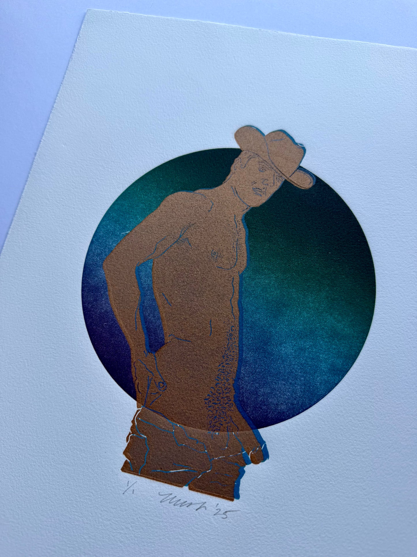 Gold Cowboy. Blue Rim. Green-Blue Ombre Circle. 11x15 Art. Unmatted.