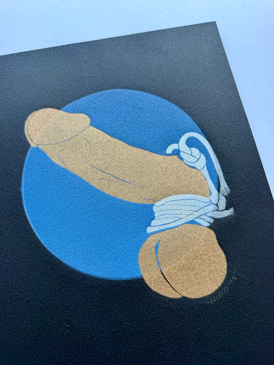 “Golden and Bound” on Blue Ombre Circle. Black Paper. 8x10 Art. Unmatted.