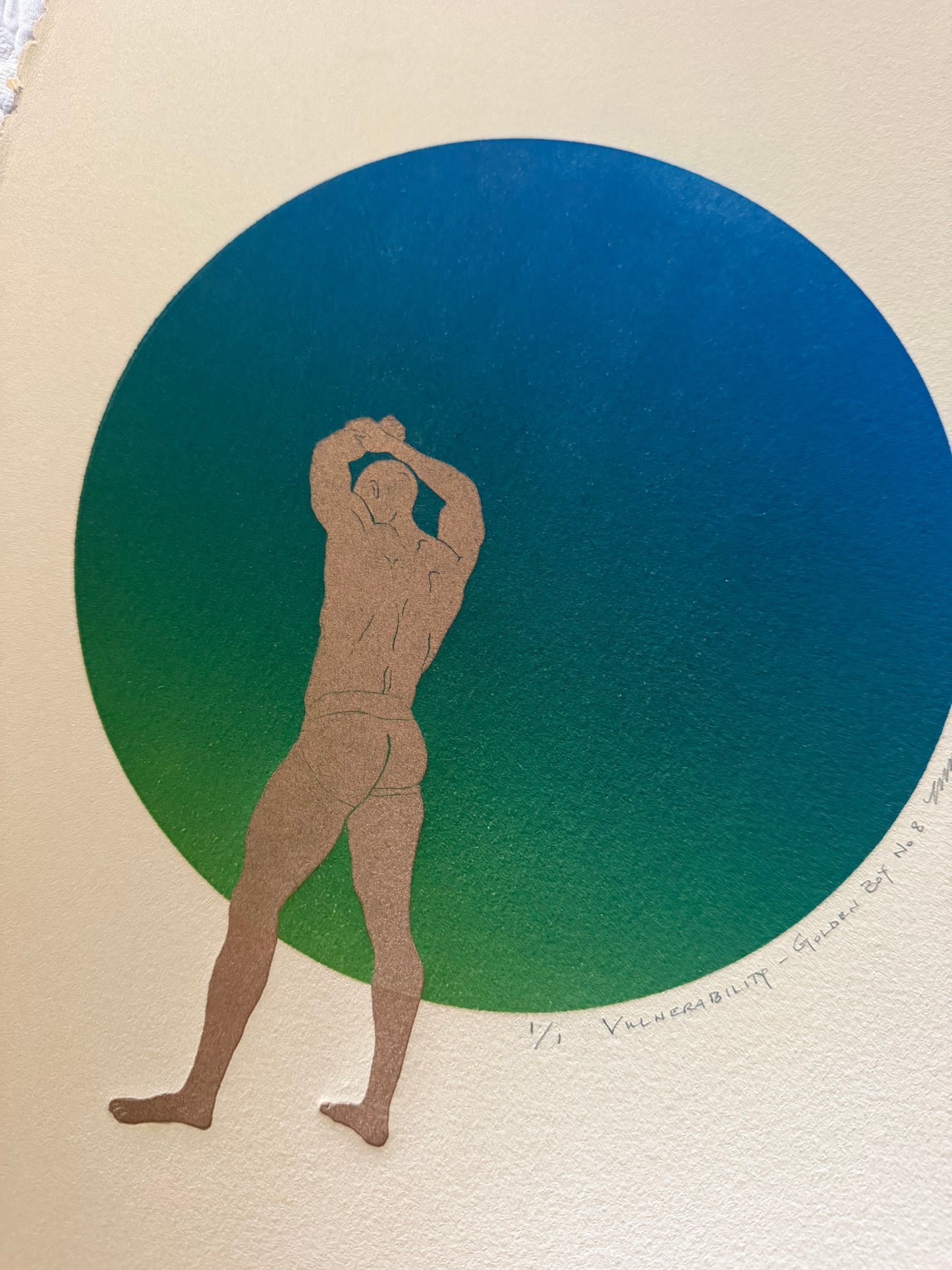 “Vulnerability - Golden Boy No. 8” on Tan Paper. 11x15 Art. Unmatted.