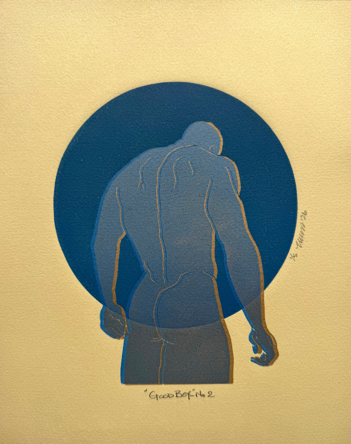 "Good Boy - No. 2”. Blue Figure, Gold Shadow. Tan Paper. 8x10 Art. Unmatted.