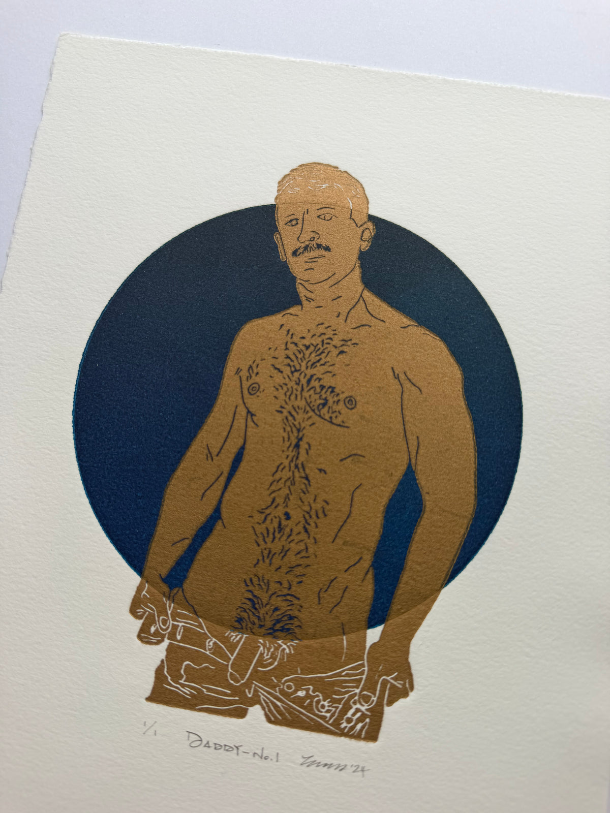 “Daddy - No. 1”. Gold Figure, Blue Circle. 8x10 Art. Unmatted.