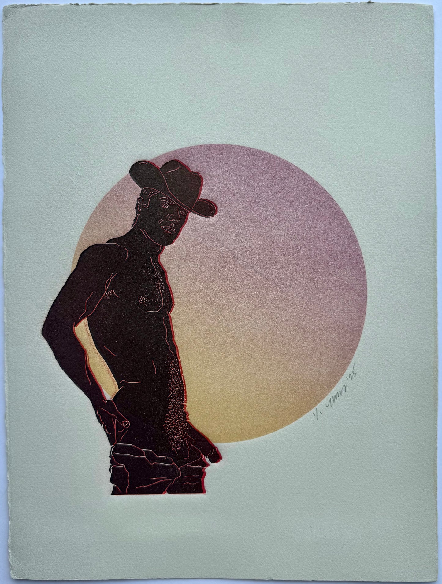 Black & Red Cowboy. Red/Orange Circle. 11x15 Art.