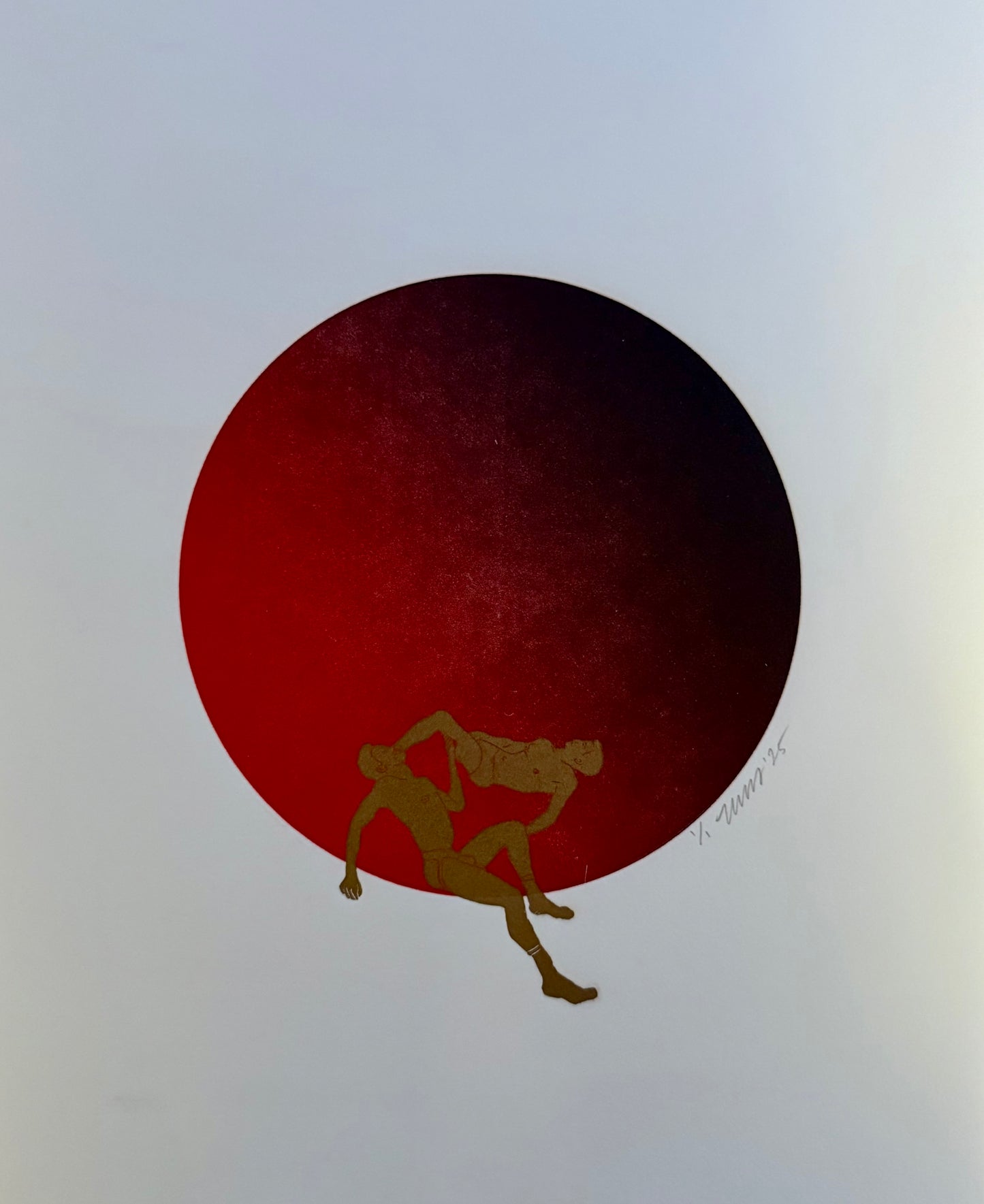 Gold Figures. Red/Black Circle. 11x15 Art.