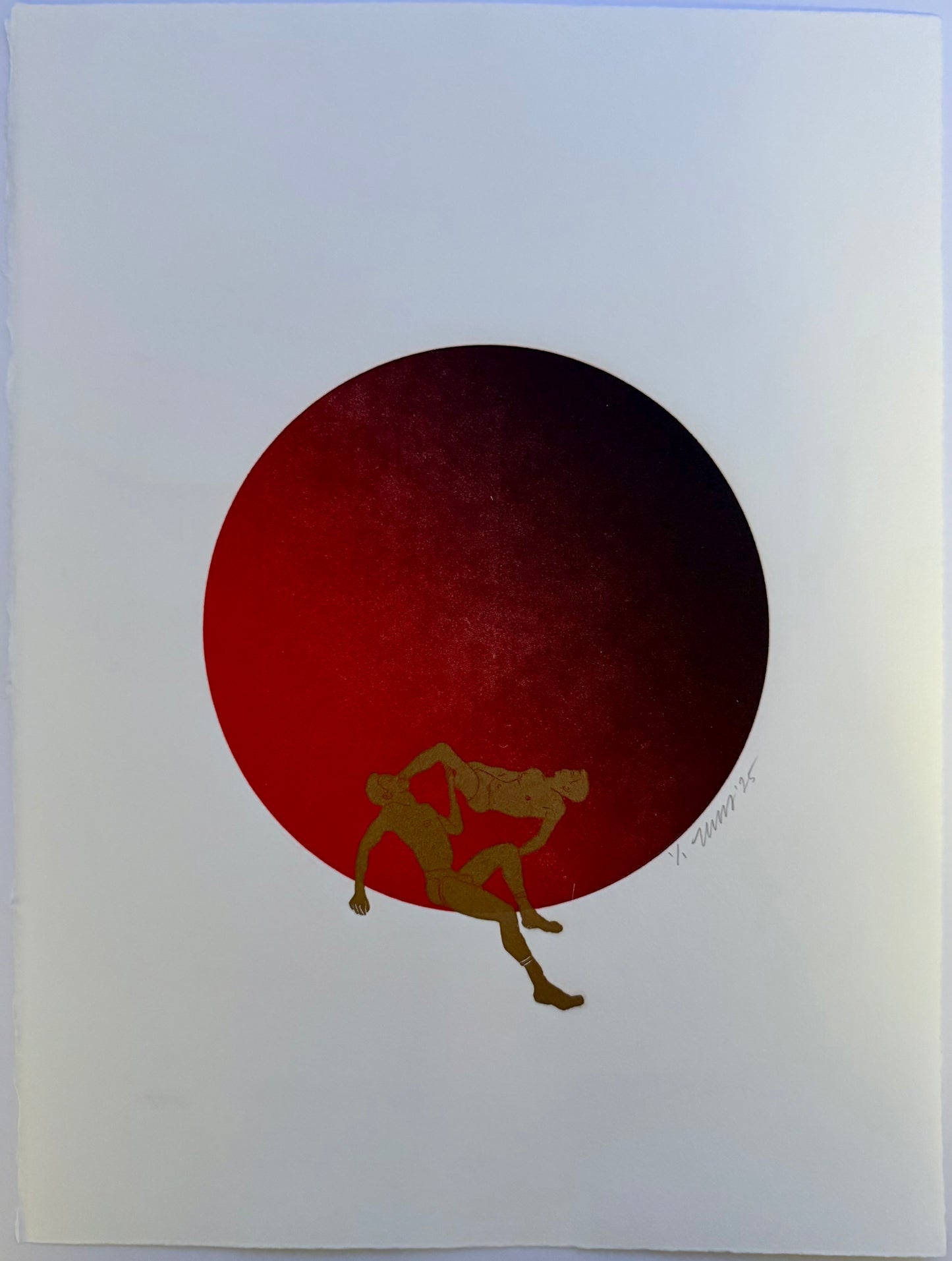 Gold Figures. Red/Black Circle. 11x15 Art.