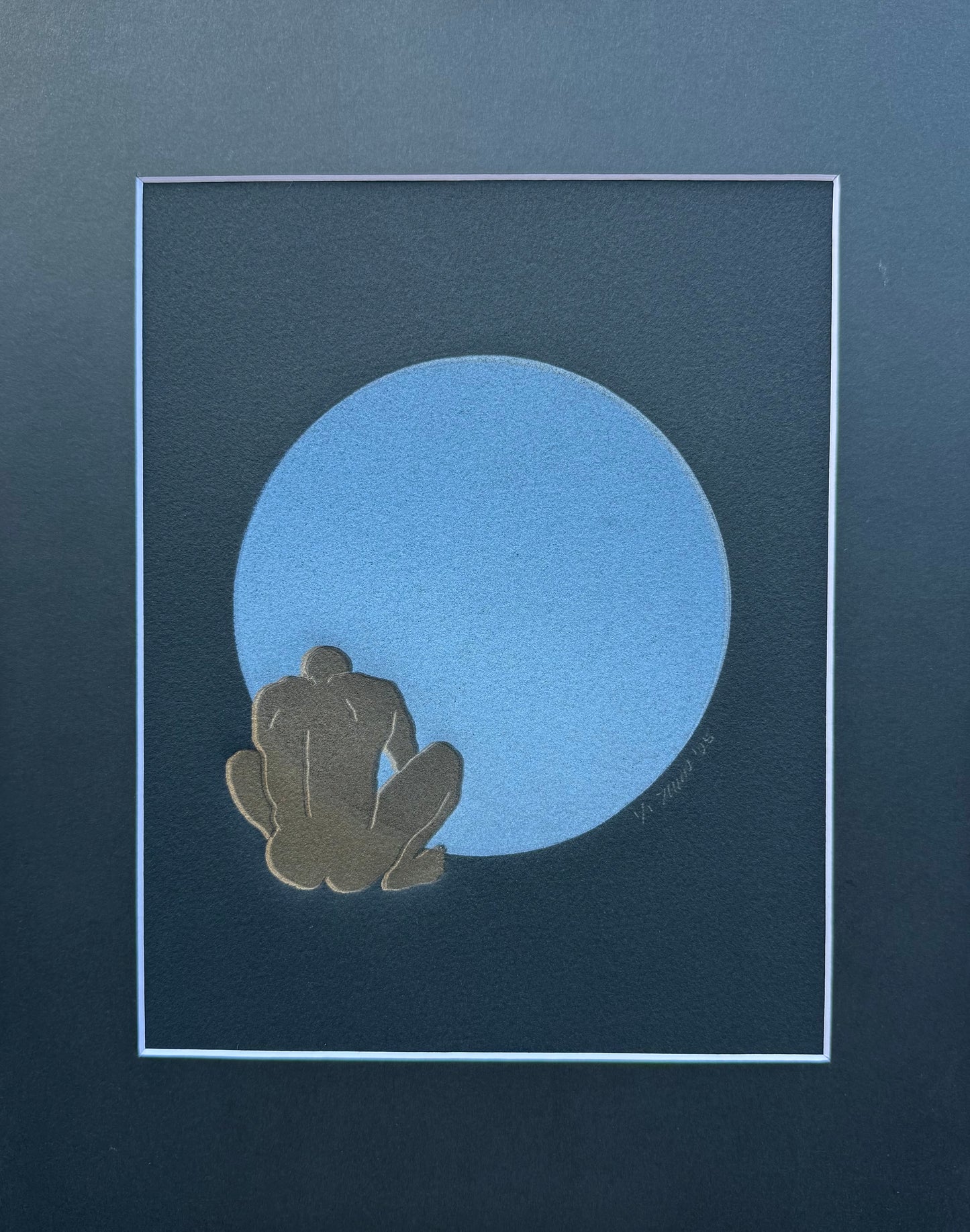Gold Figure. Light Blue Circle. 8x10 Art in 11x14 Mat.