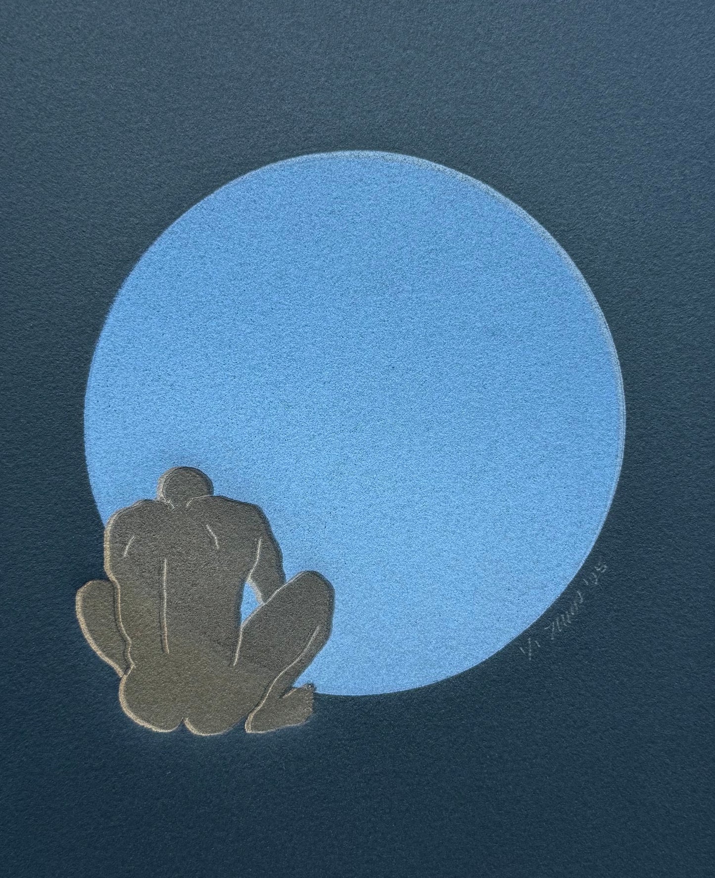 Gold Figure. Light Blue Circle. 8x10 Art in 11x14 Mat.