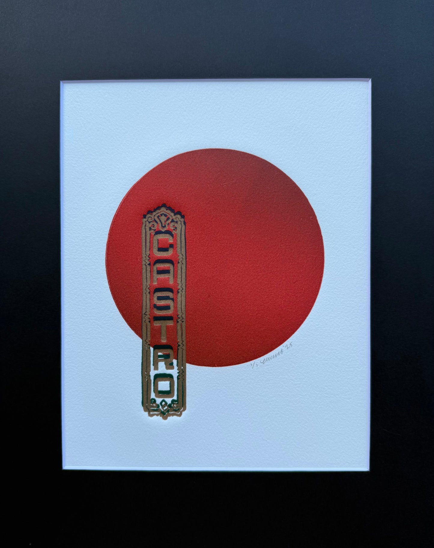 Gold & Blue Castro. Red Circle. 8x10 Art in 11x14 Mat.