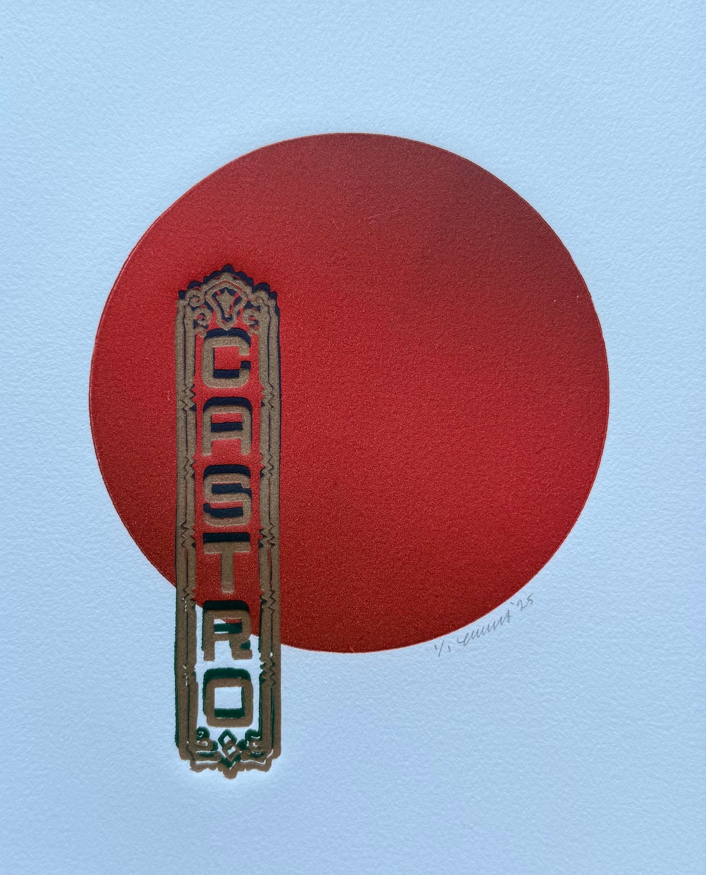Gold & Blue Castro. Red Circle. 8x10 Art in 11x14 Mat.
