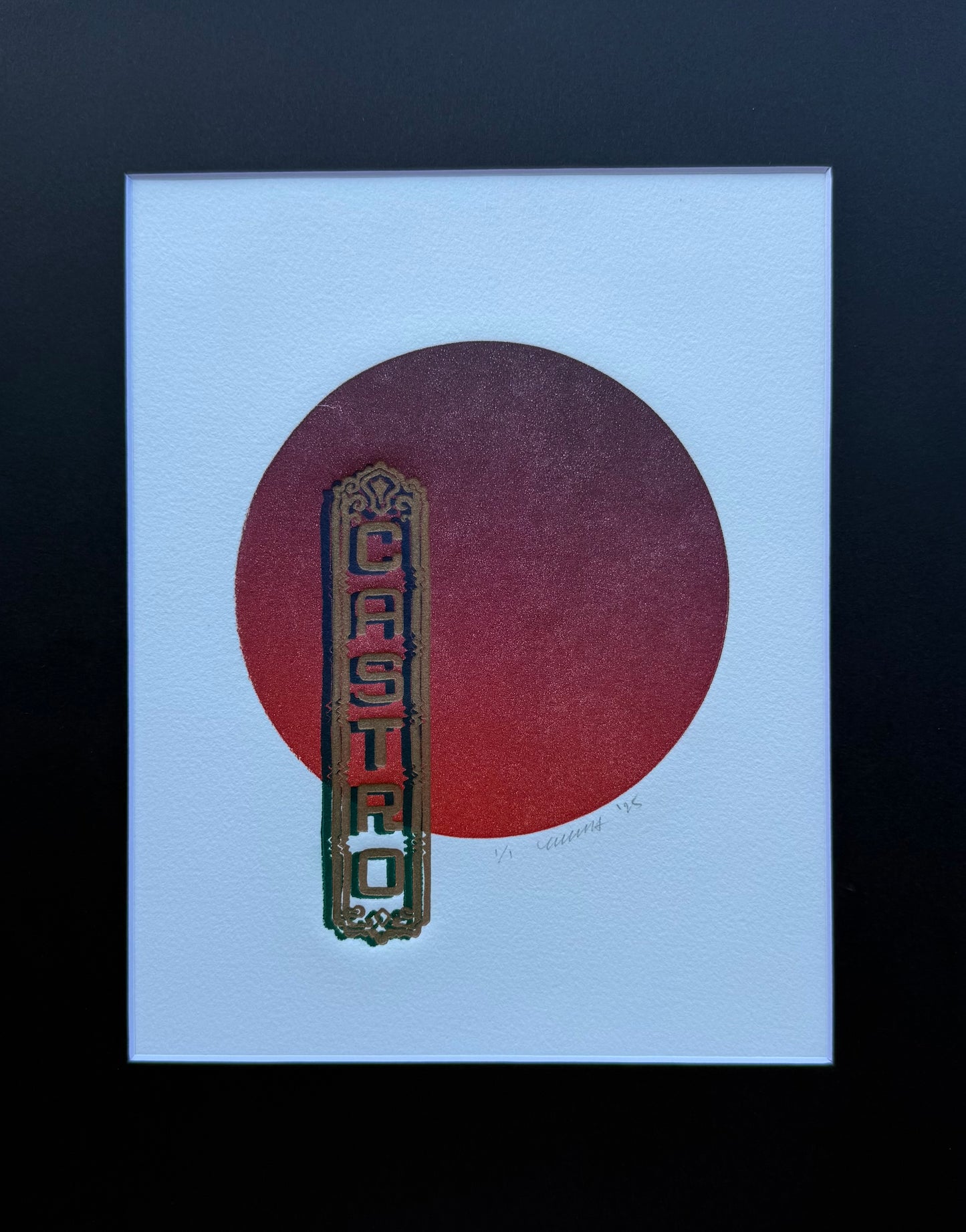 Gold & Blue Castro. Burgundy Circle. 8x10 Art in 11x14 Mat.