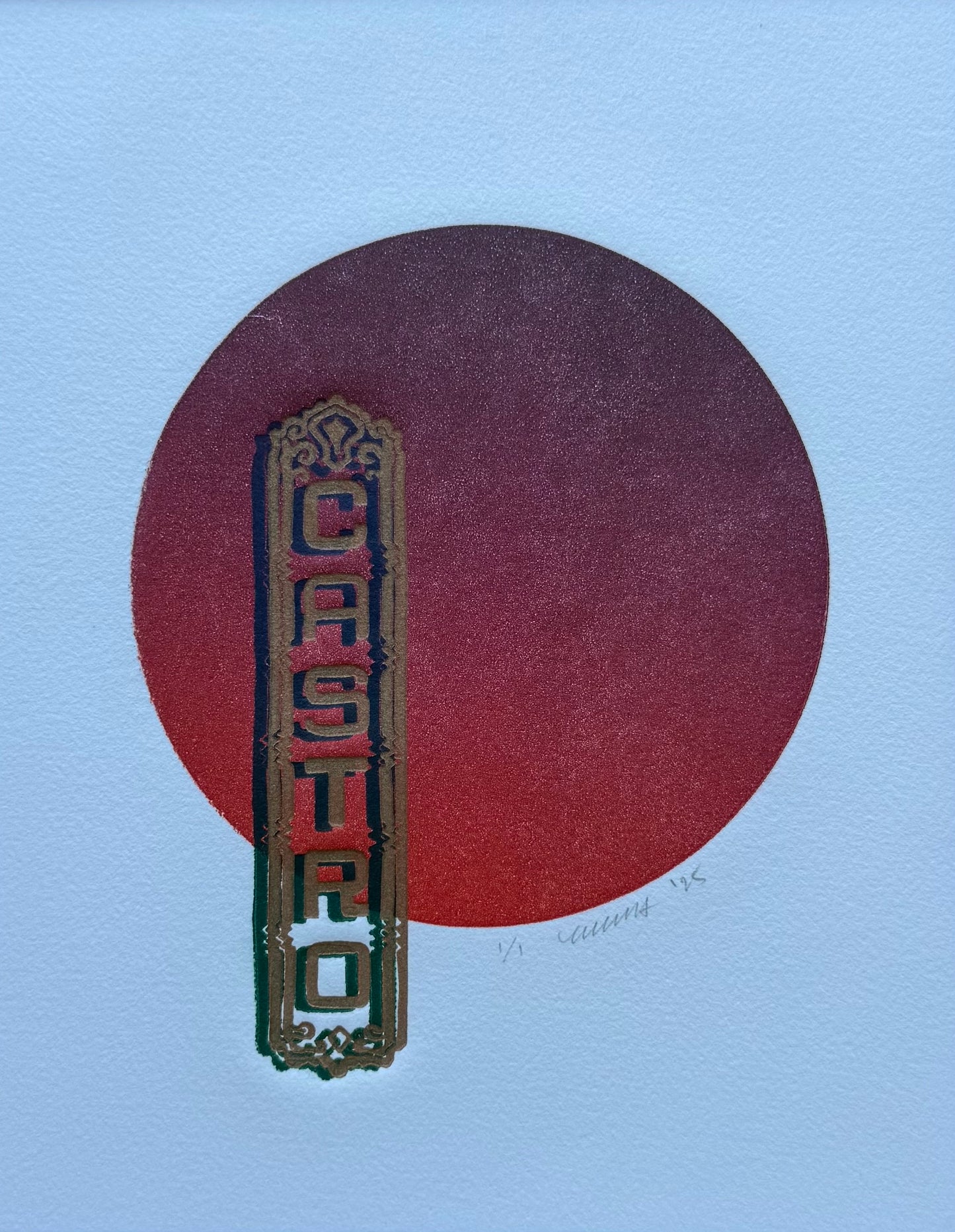 Gold & Blue Castro. Burgundy Circle. 8x10 Art in 11x14 Mat.