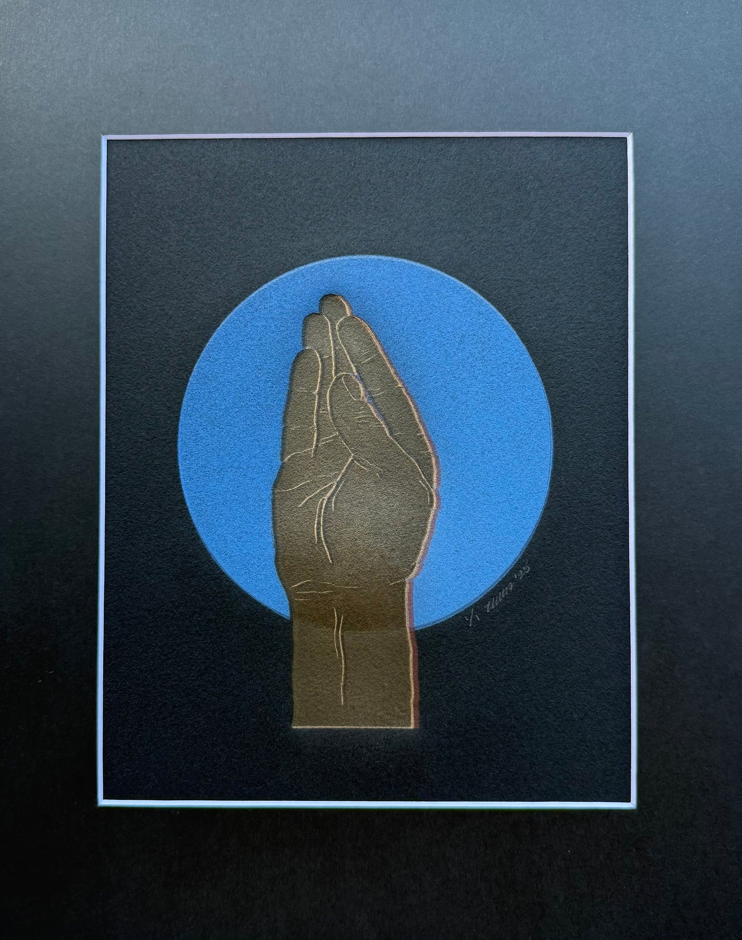 Gold “Queen’s Wave”. Blue Circle. 8x10 Art in 11x14 Mat.