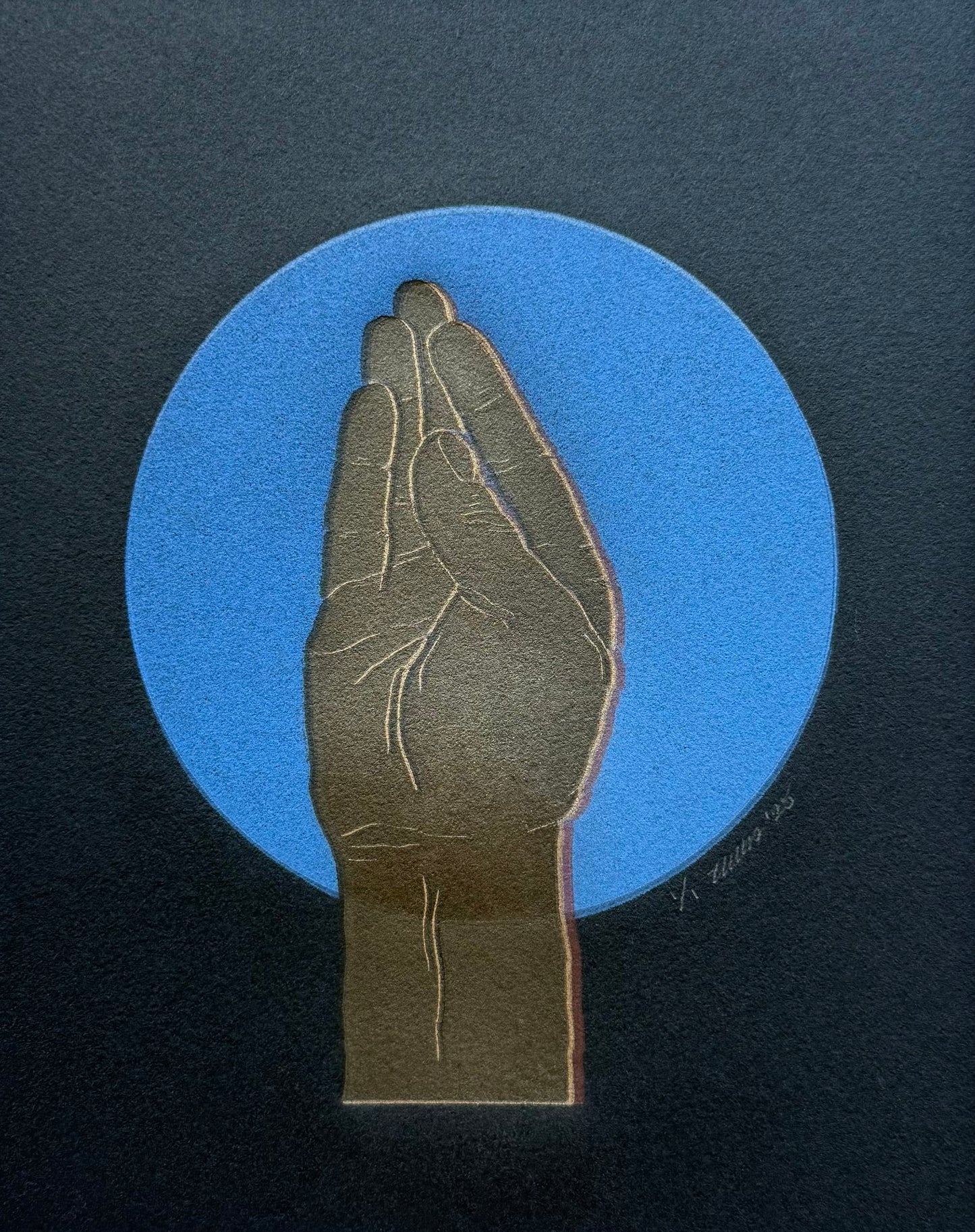 Gold “Queen’s Wave”. Blue Circle. 8x10 Art in 11x14 Mat.