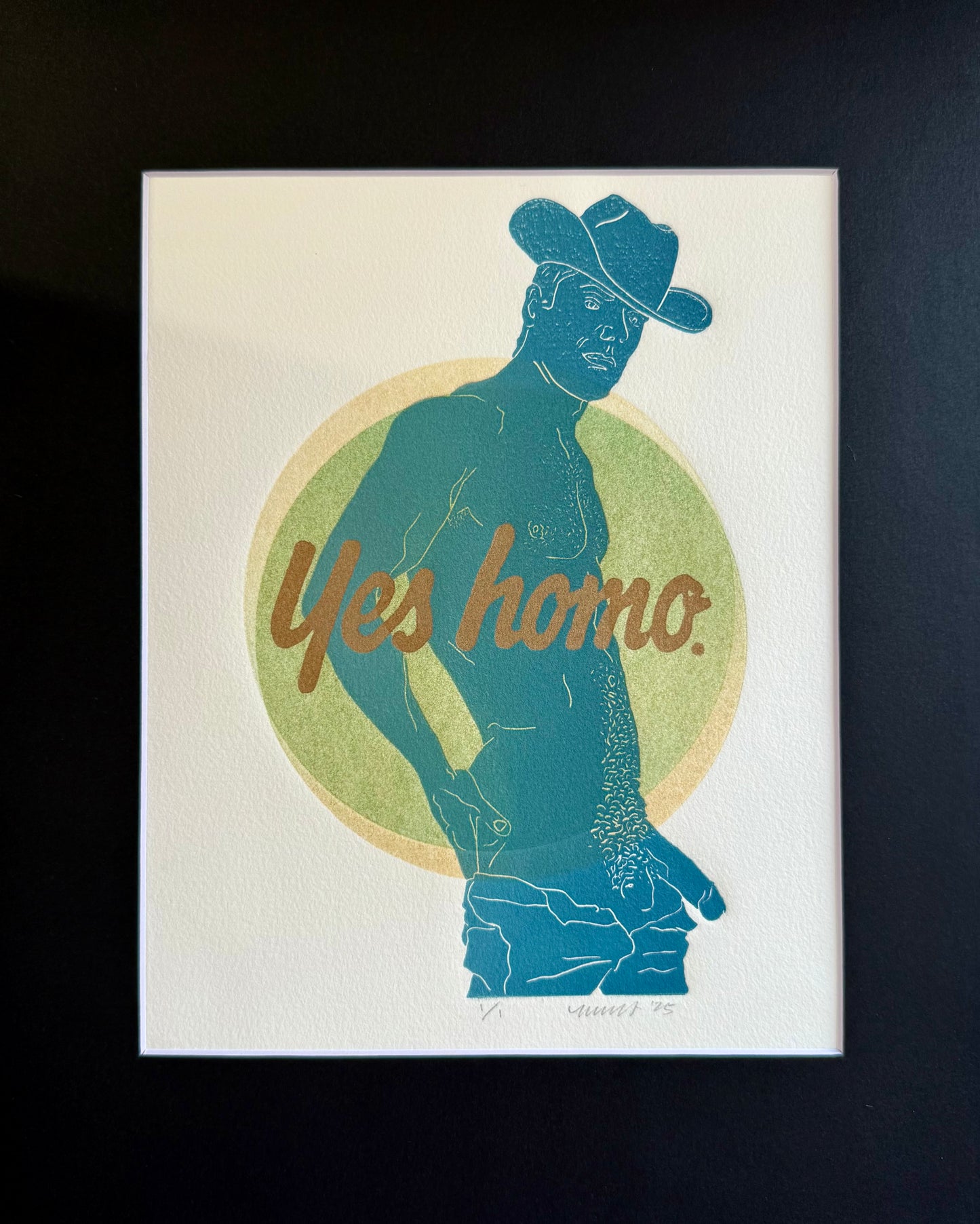 “Yes Homo” Cowboy. Interlocking Circles. 8x10 Art in 11x14 Mat.