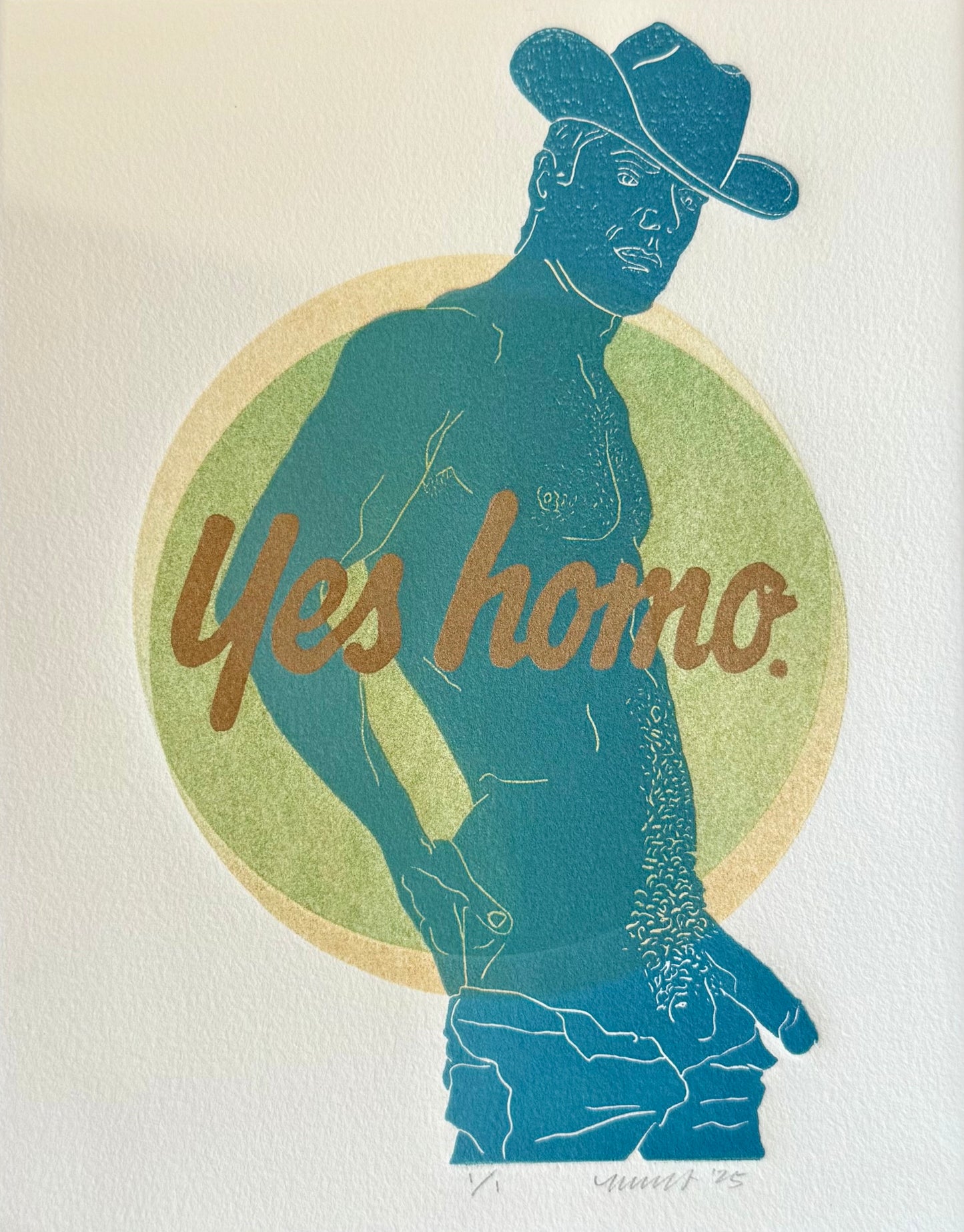 “Yes Homo” Cowboy. Interlocking Circles. 8x10 Art in 11x14 Mat.