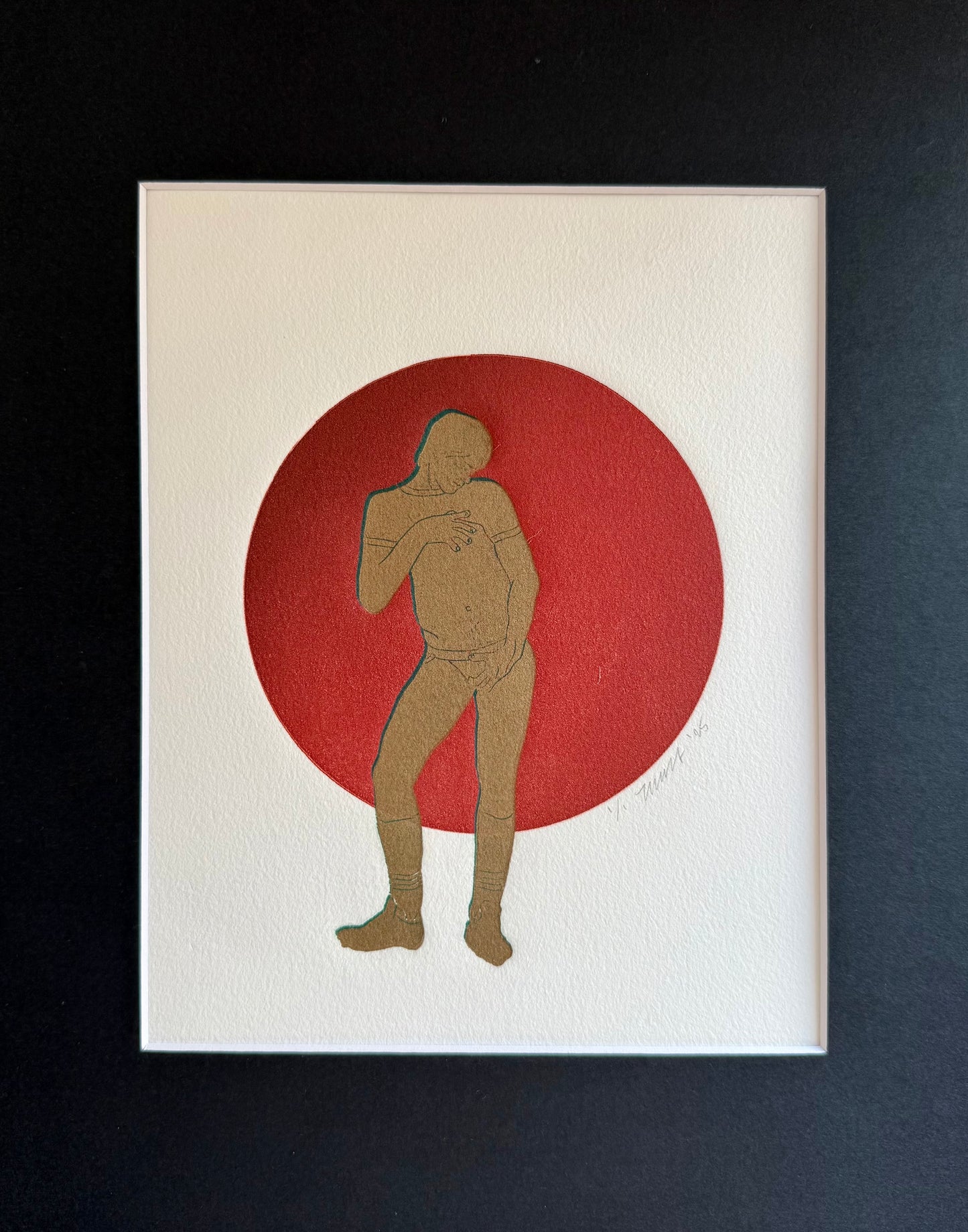 Gold/Blue Figure. Red Circle. 8x10 Art in 11x14 Mat.