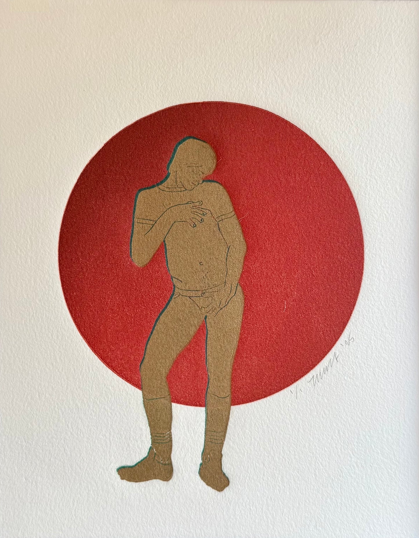 Gold/Blue Figure. Red Circle. 8x10 Art in 11x14 Mat.