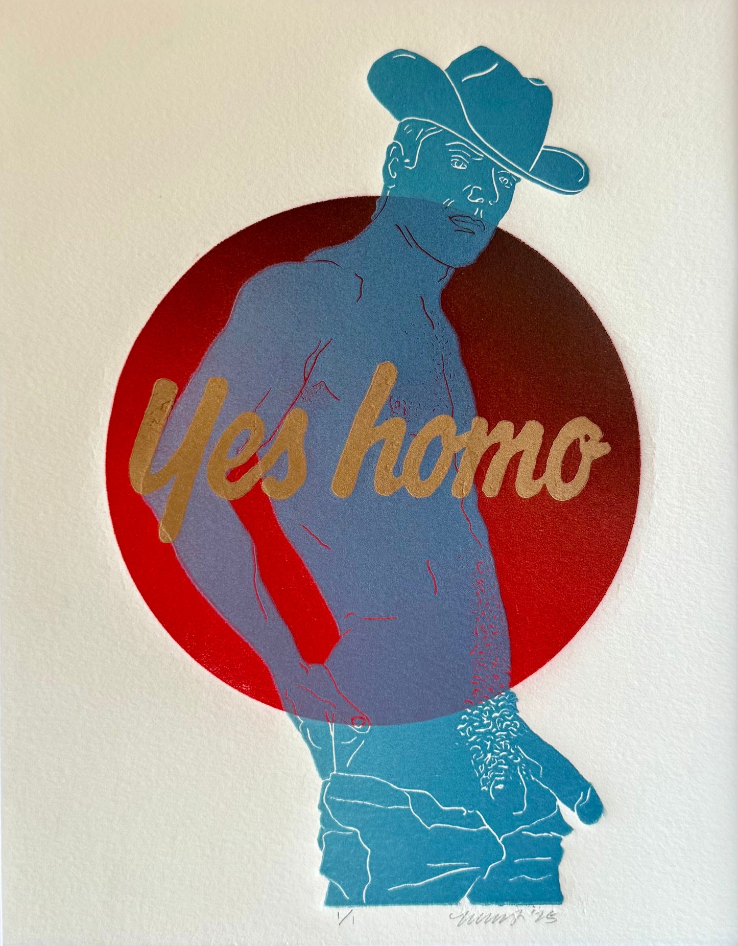 “Yes Homo” Cowboy. Red Circle. 8x10 Art in 11x14 Mat.