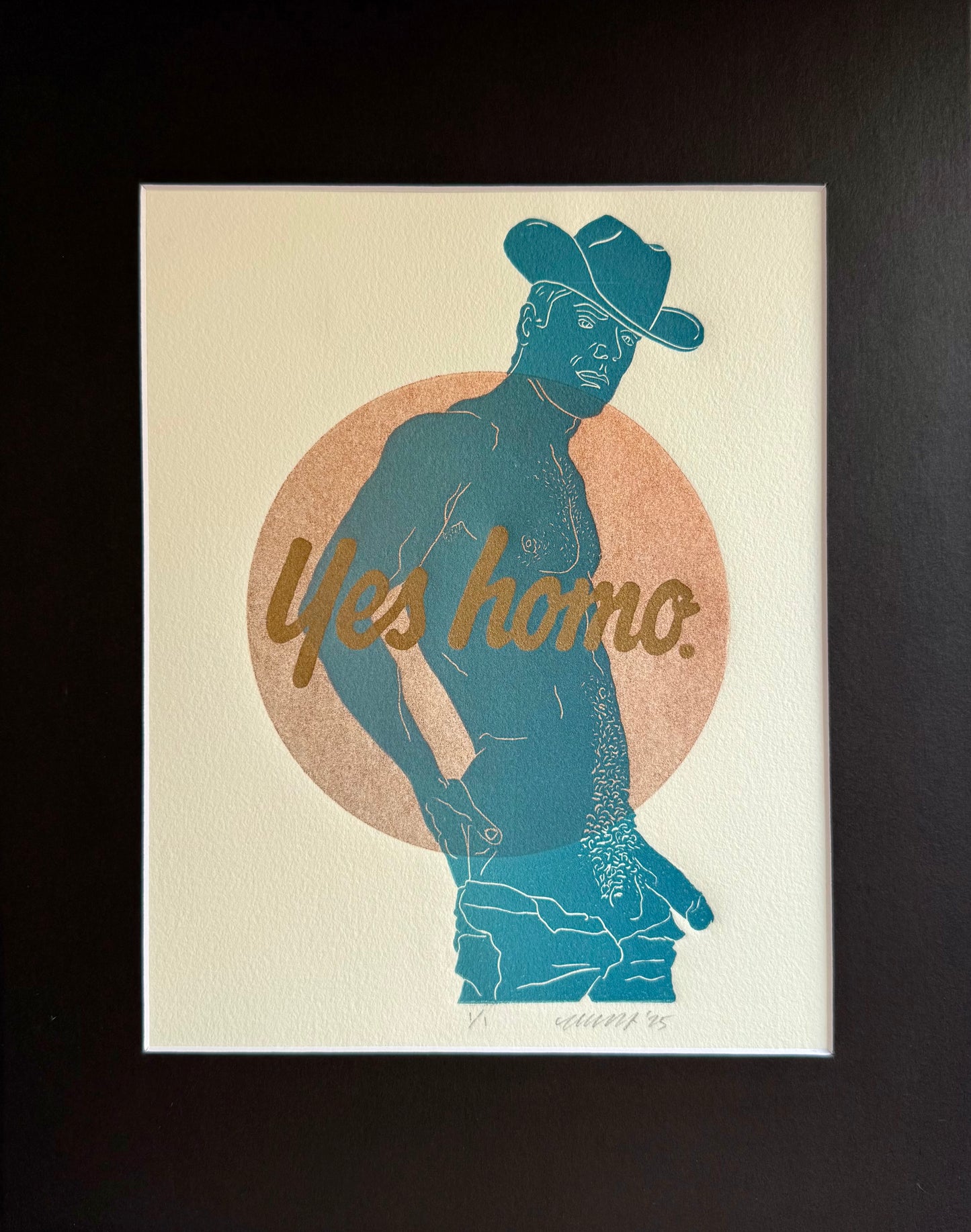 “Yes Homo” Cowboy. Red Circle. 8x10 Art in 11x14 Mat.