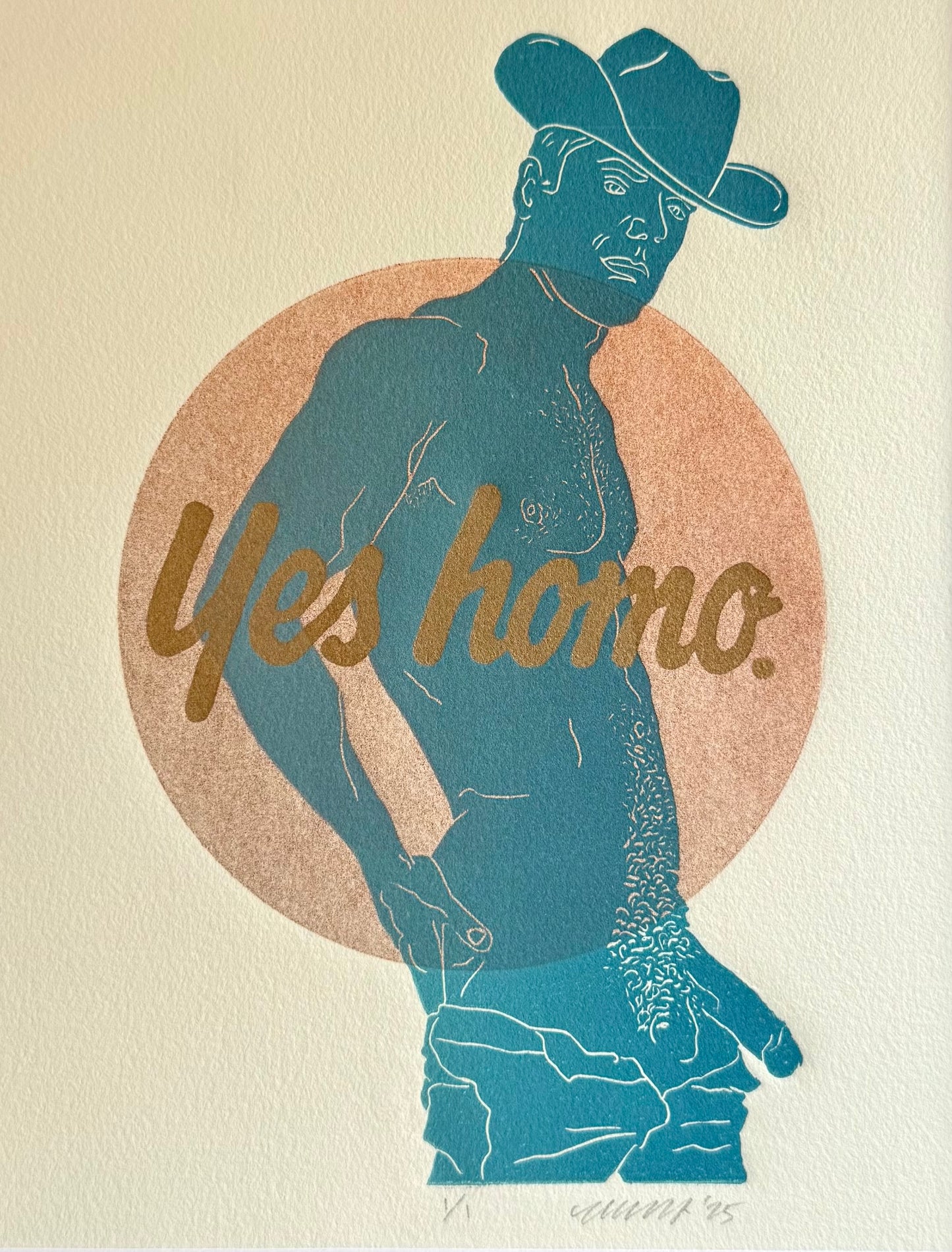 “Yes Homo” Cowboy. Red Circle. 8x10 Art in 11x14 Mat.