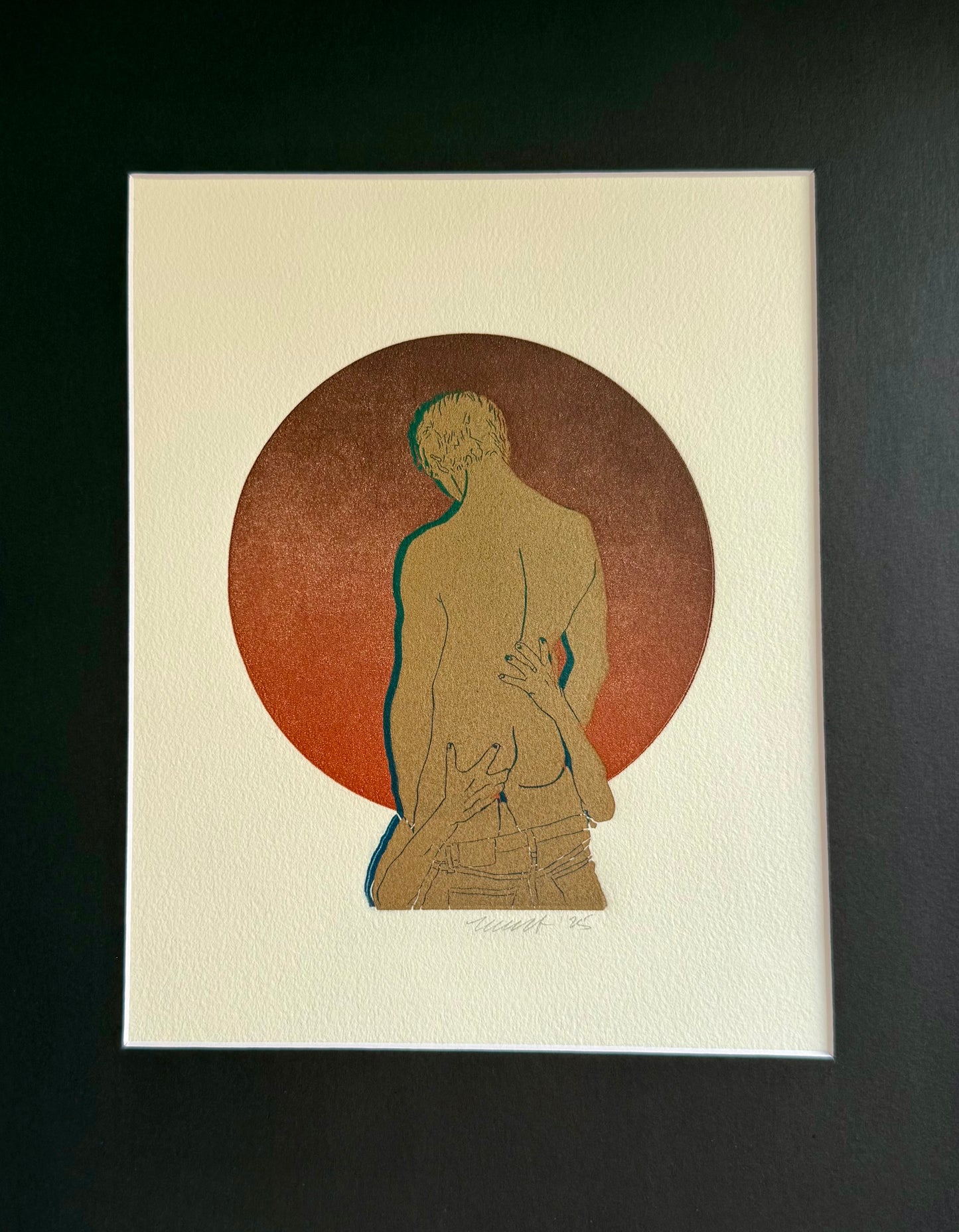 Golden Head. Burgundy Circle. 8x10 Art in 11x14 Mat.