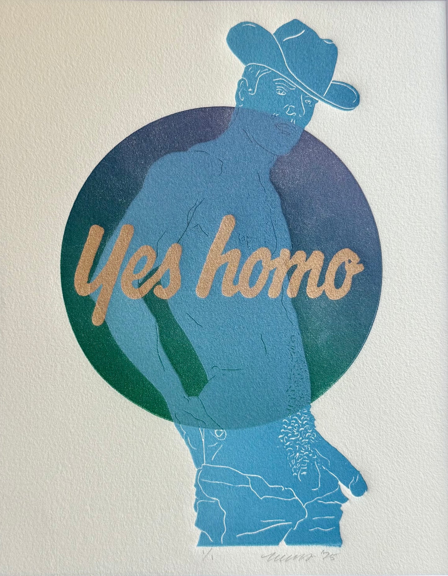 Gold “Yes Homo” on Blue Cowboy. 8x10 Art in 11x14 Mat.