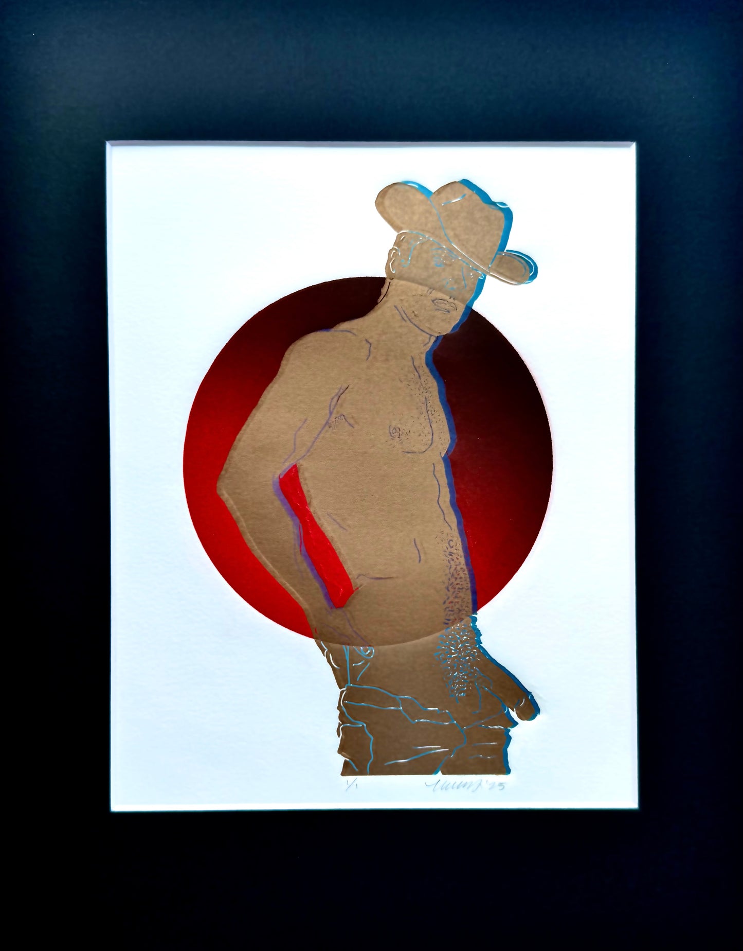 Golden/Blue Cowboy. Red Circle. 8x10 Art in 11x14 Mat.