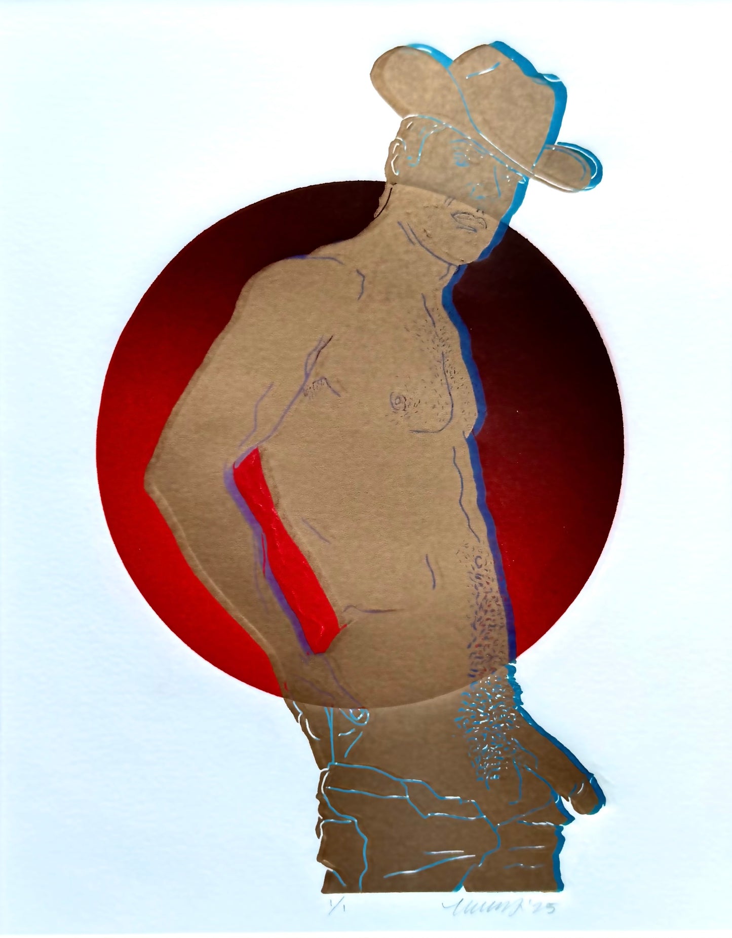 Golden/Blue Cowboy. Red Circle. 8x10 Art in 11x14 Mat.