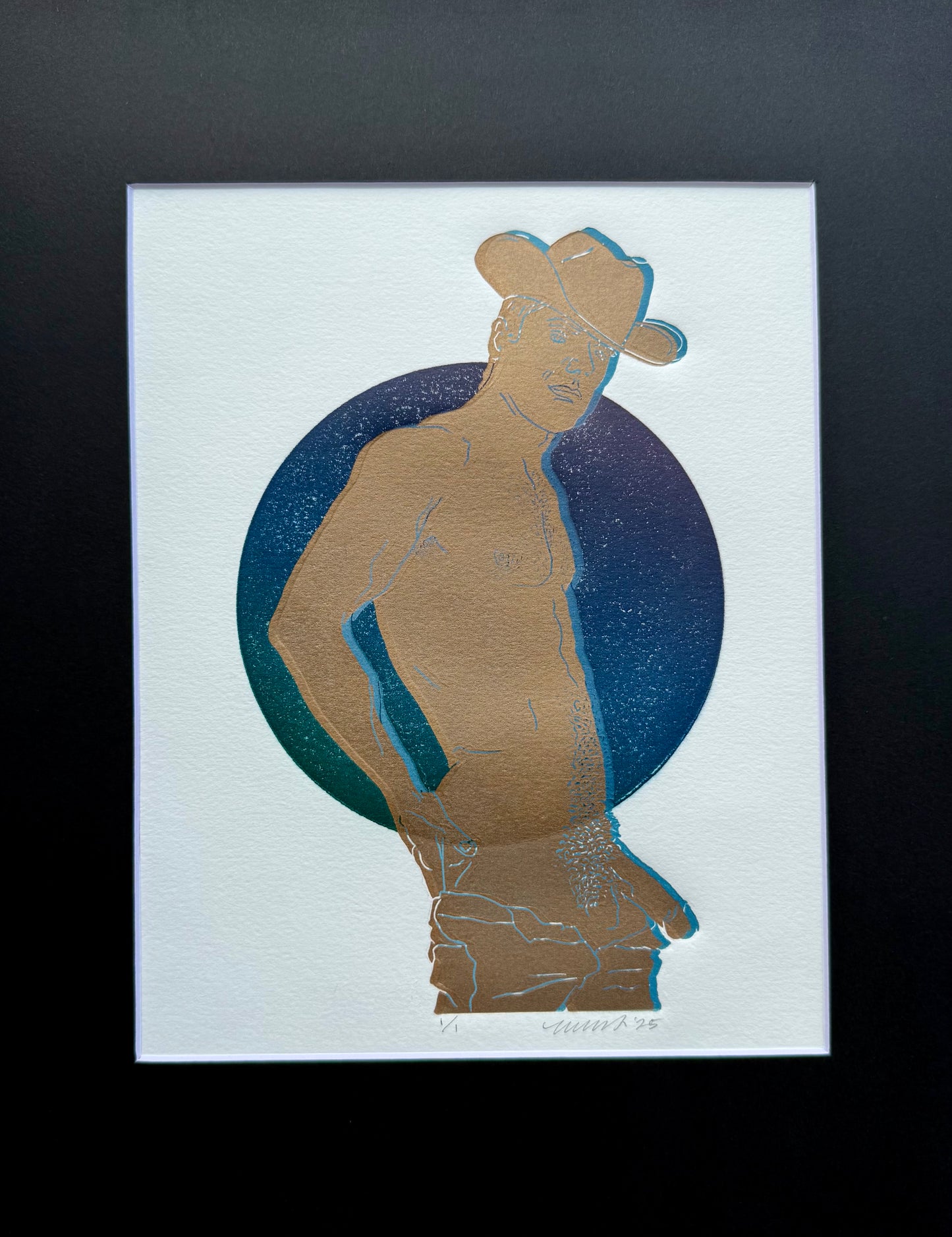 Golden Cowboy. Green/Blue/Purple. 8x10 Art in 11x14 Mat.
