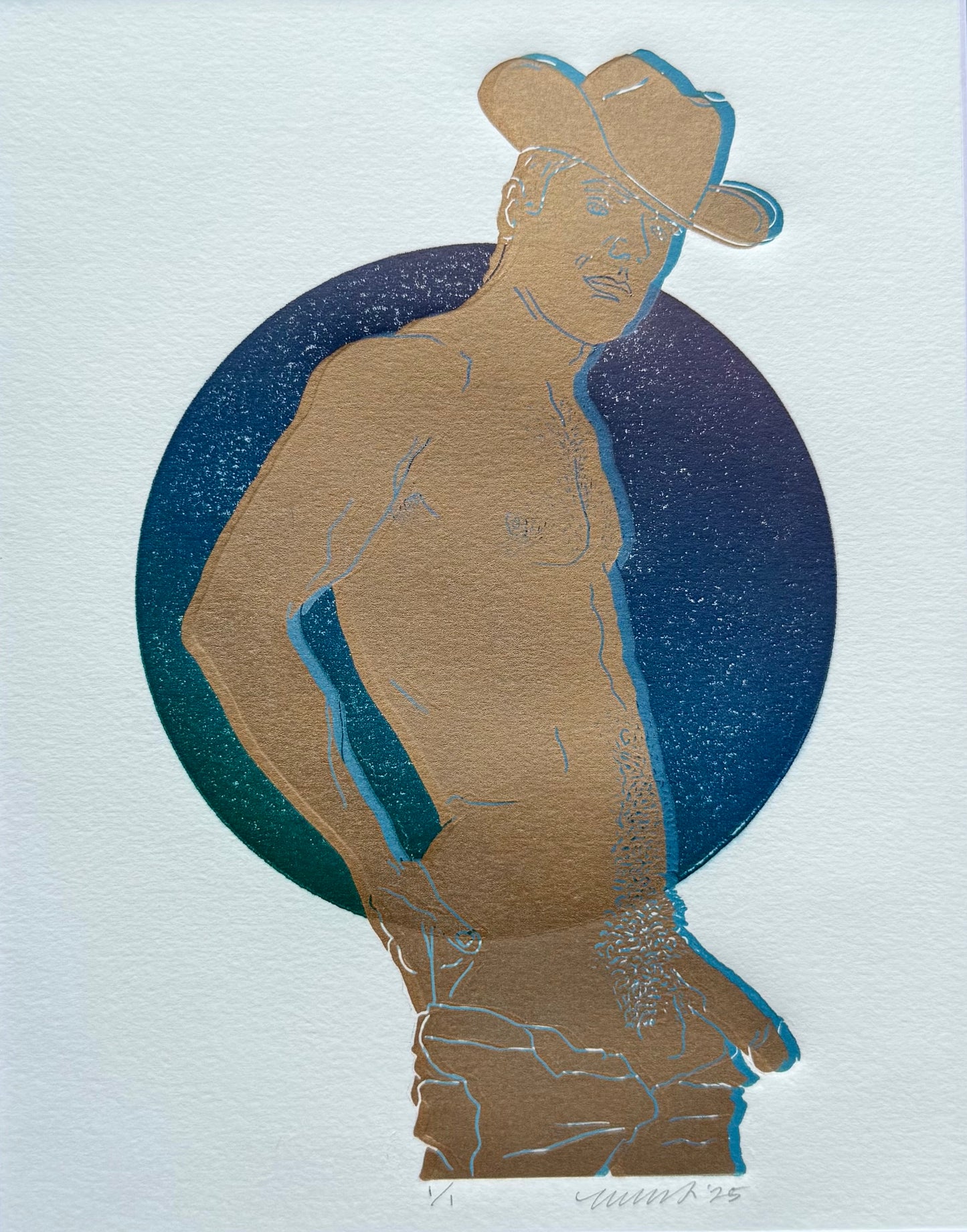 Golden Cowboy. Green/Blue/Purple. 8x10 Art in 11x14 Mat.