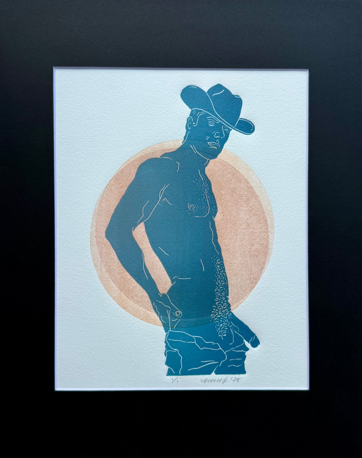 Lt Blue Cowboy. Intersecting Circles. 8x10 Art in 11x14 Mat.
