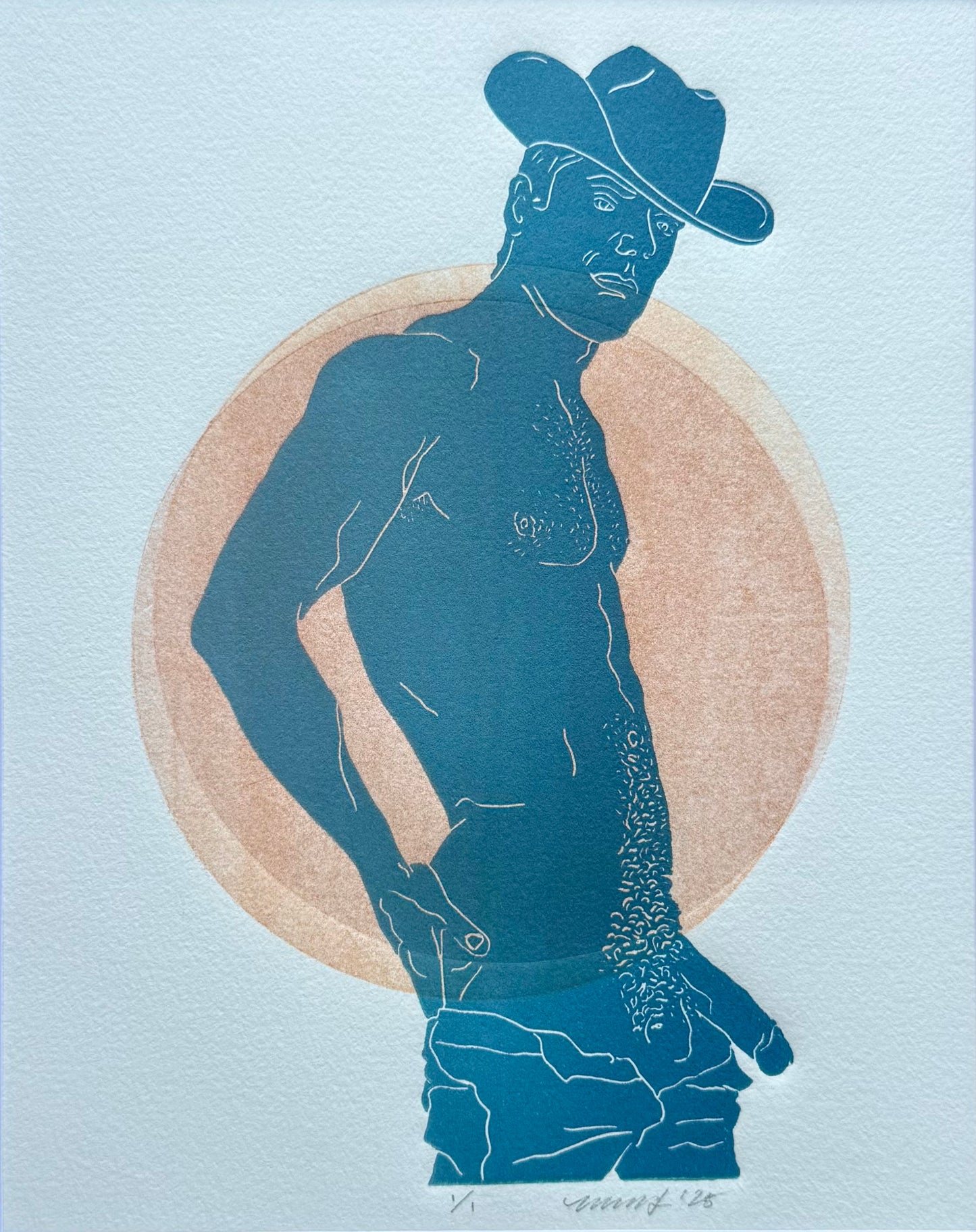 Lt Blue Cowboy. Intersecting Circles. 8x10 Art in 11x14 Mat.
