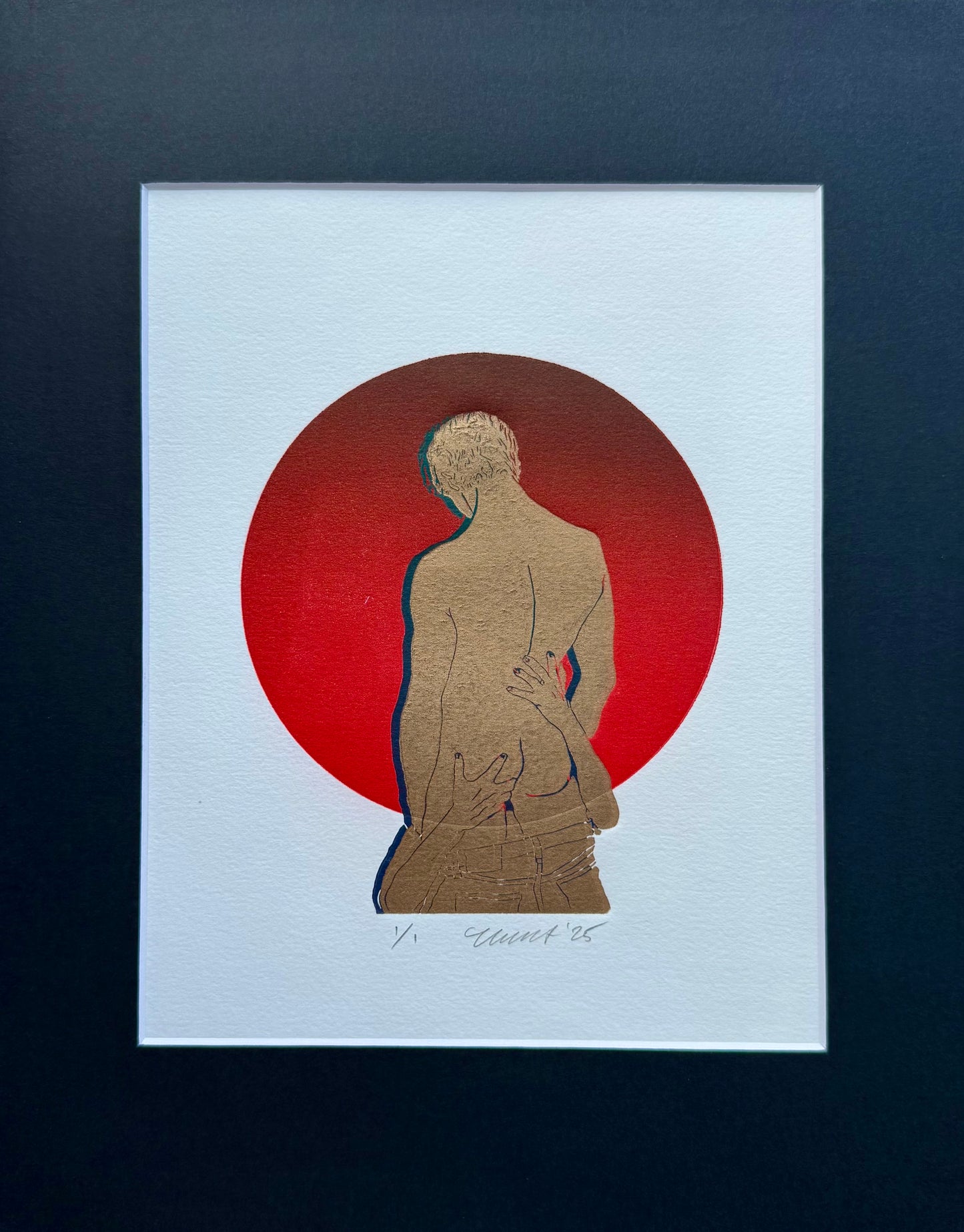 Golden Head. Red Ombre Circle. 8x10 Art in 11x14 Mat.