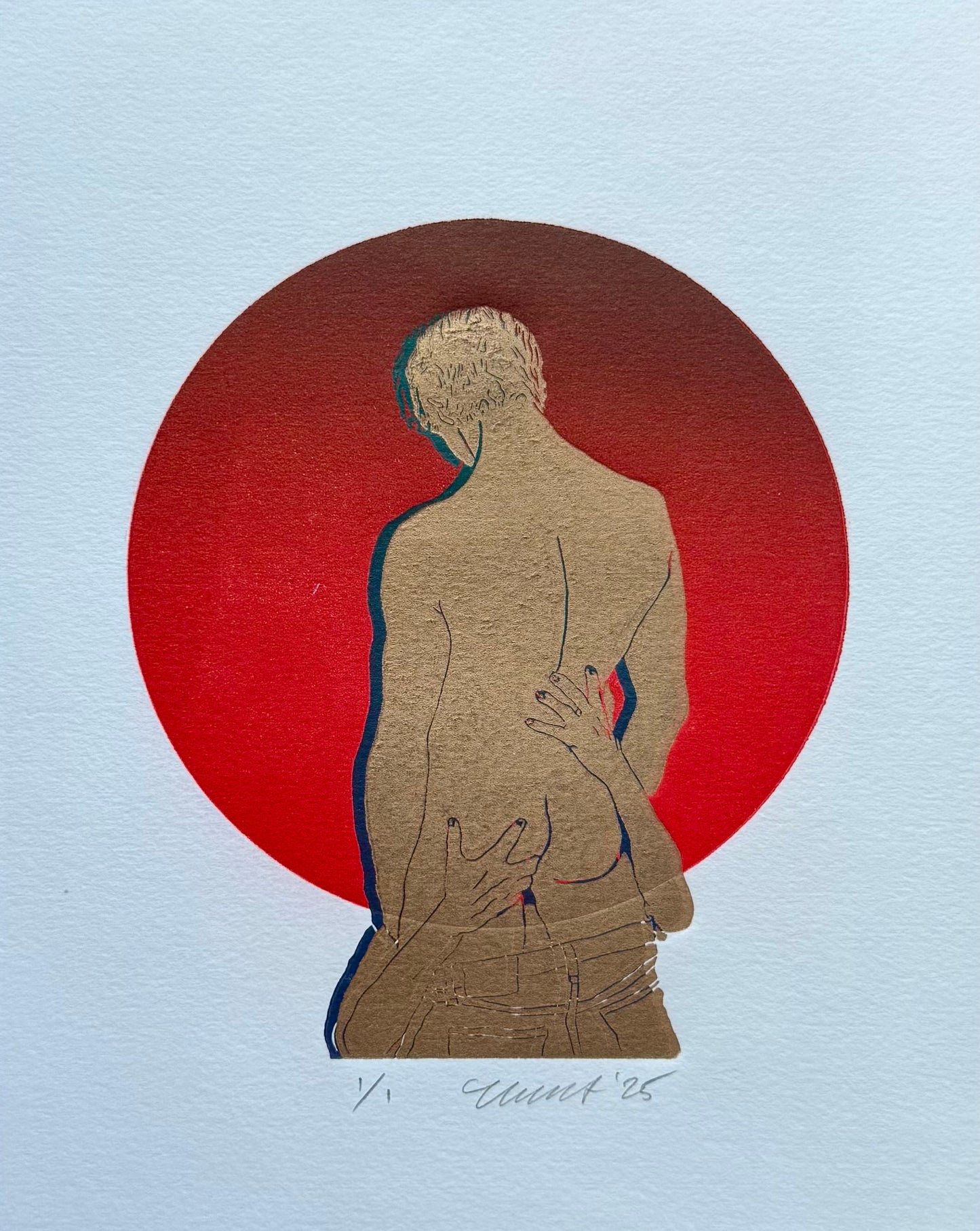 Golden Head. Red Ombre Circle. 8x10 Art in 11x14 Mat.
