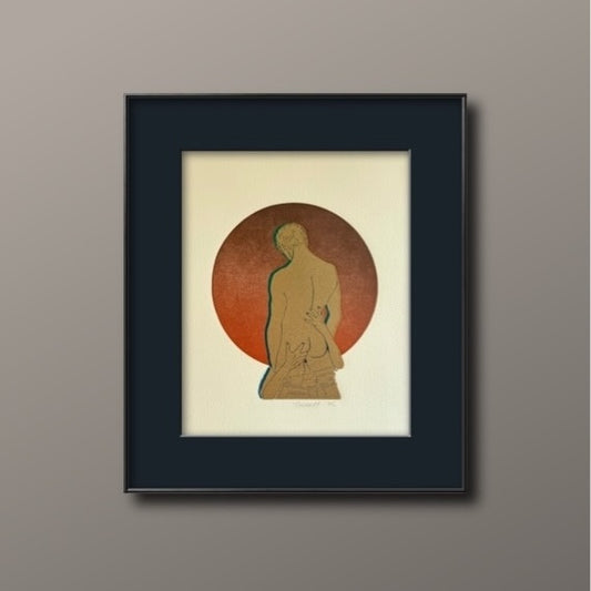 Golden Head. Burgundy Circle. 8x10 Art in 11x14 Mat.