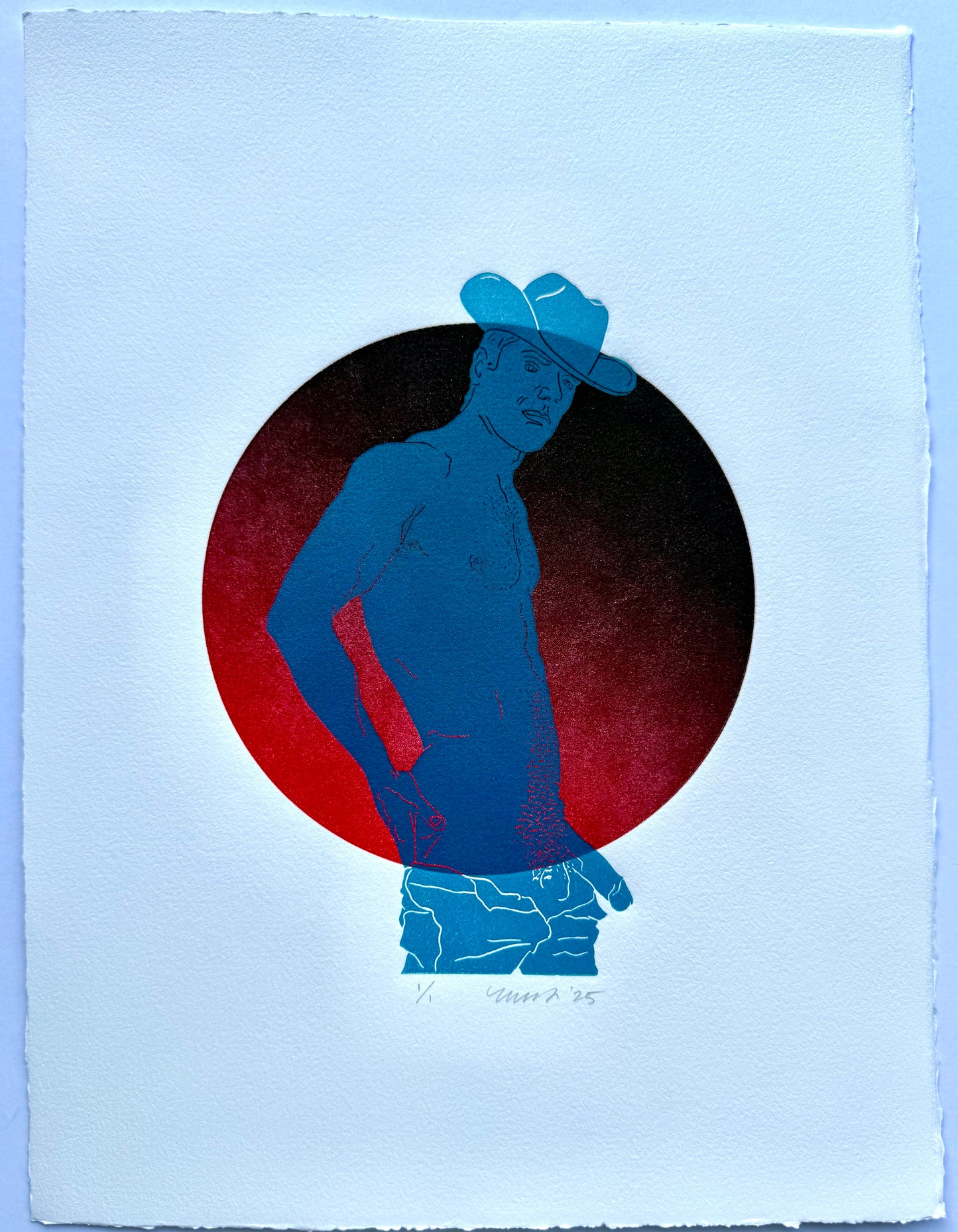 Light Blue Cowboy. Red Circle. 11x15 Art.