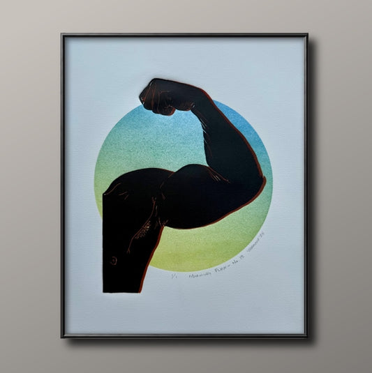 Black/Red Bicep. Blue/Lime Green Circle. 11x15 Art.