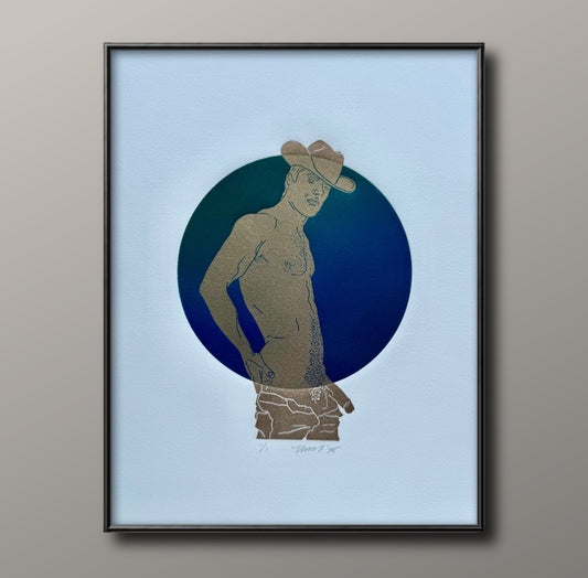 Golden Cowboy. Emerald/Cobalt Circle. 11x15 Art.